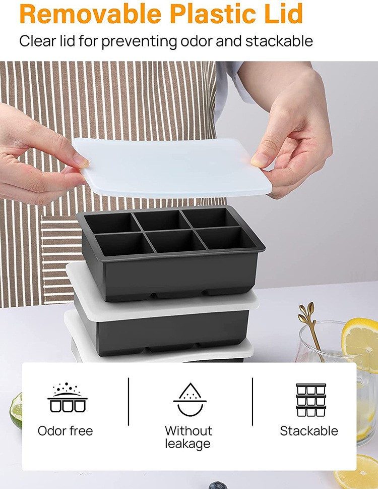 PRIISF Eiswürfelform Silikon Eiswürfelbehälter Silikonformen großer 6Fächer Cube Mit Deckel, (spülmaschinenfest Babybrei), BPA frei, Leichtes Herauslösen