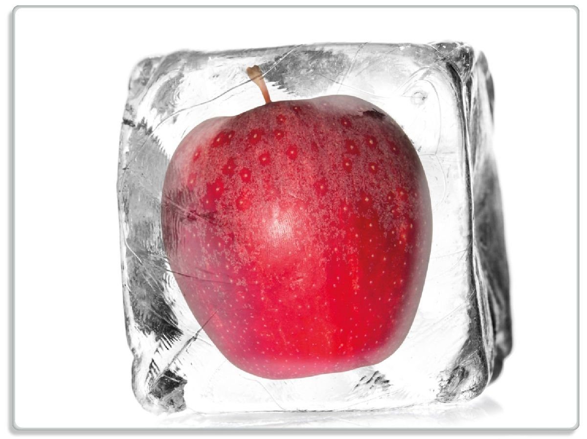 Wallario Schneidebrett Roter Apfel in Eiswürfel - Eiskaltes Obst, ESG-Sicherheitsglas, (inkl. rutschfester Gummifüße 4mm, 1-St), 30x40cm
