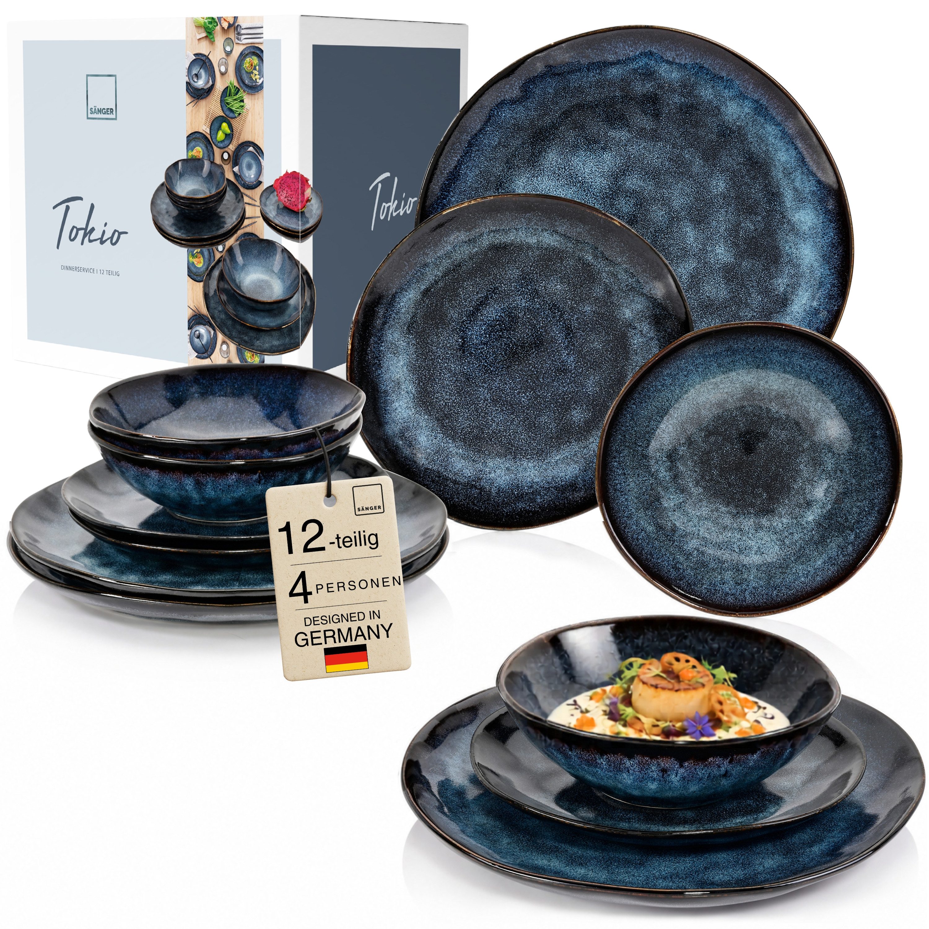 SÄNGER Tafelservice Tokio Geschirrset (12-tlg), 4 Personen, Steingut, Blau Schwarz, Handmade, Premium Collection