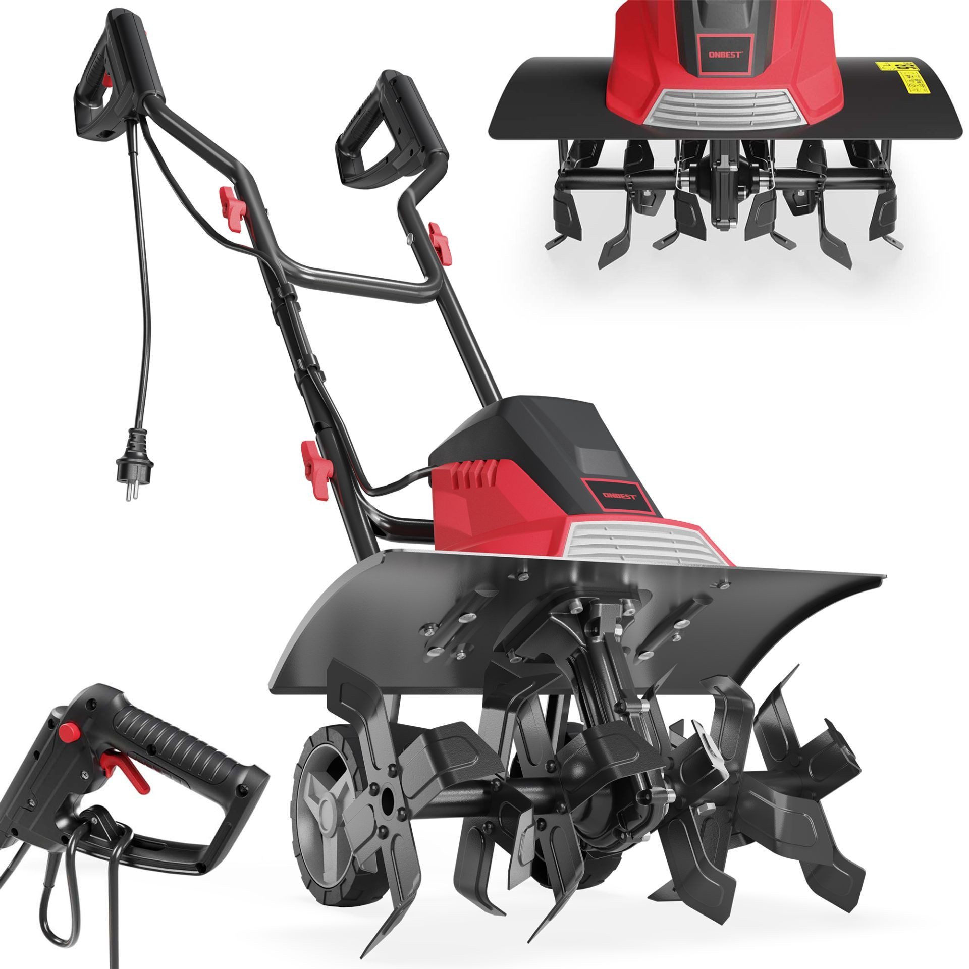 Onbest Elektromotorhacke Gartenfräse Bodenhacke T1545, 24 Messer, Transporträder, 10,5 kg, 45.00 cm Arbeitsbreite, 1500W, 20 cm Arbeitstiefe