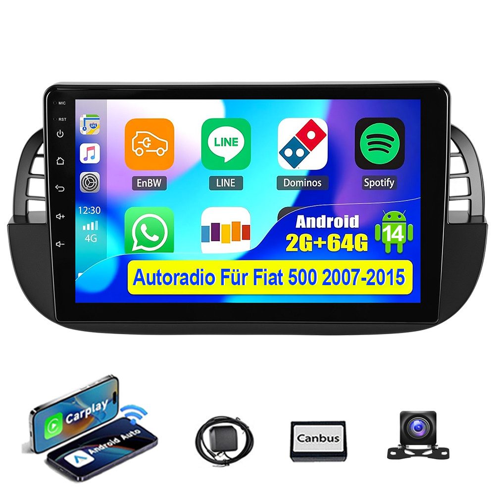 9" Android 14 DAB+ Für Fiat 500 2007-2015 GPS Navi RDS WIFI Carplay Autoradio