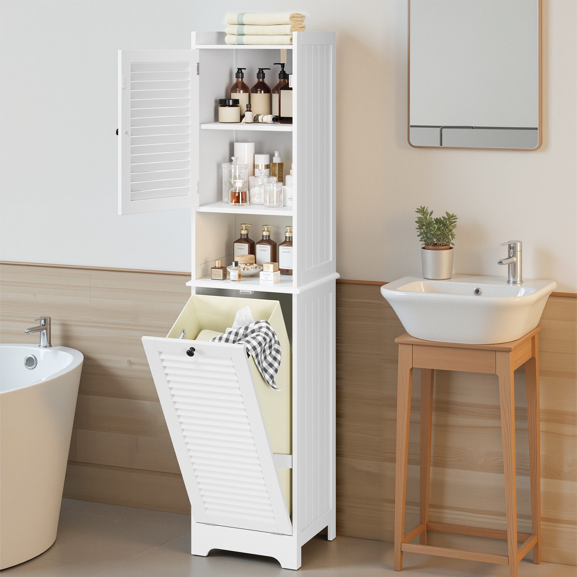 Bealife Badkommode Badezimmerschrank mit ausklappbarem Wäschekorb – Bild 2 von 5