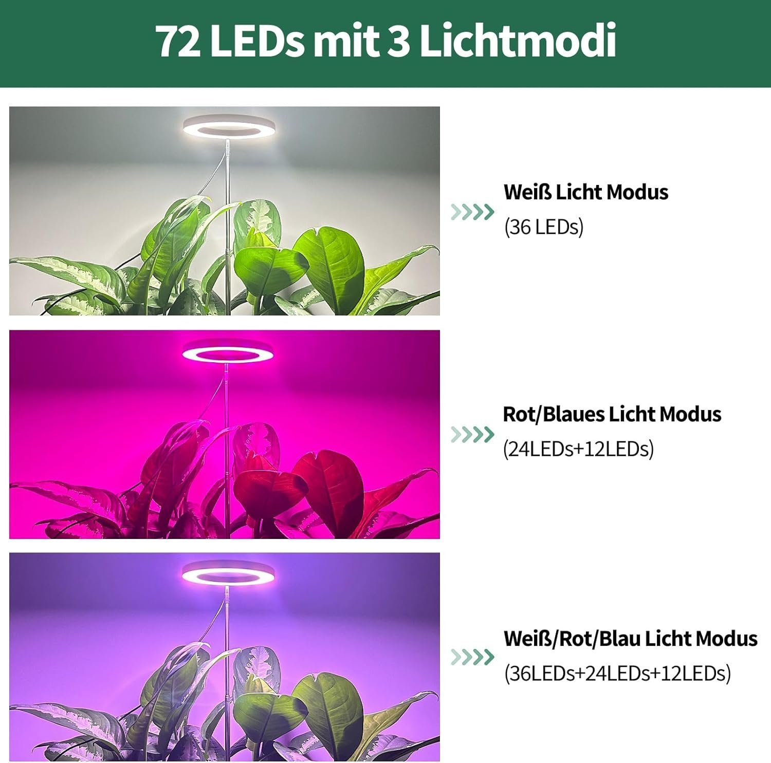 Laybasic Pflanzenlampe 72LEDs Pflanzenlampe Vollspektrum,Garten Zimmergewächshaus Growlight, 35–155 cm höhenverstellbar,Dimmbare Helligkeit,3/9/12H Timer