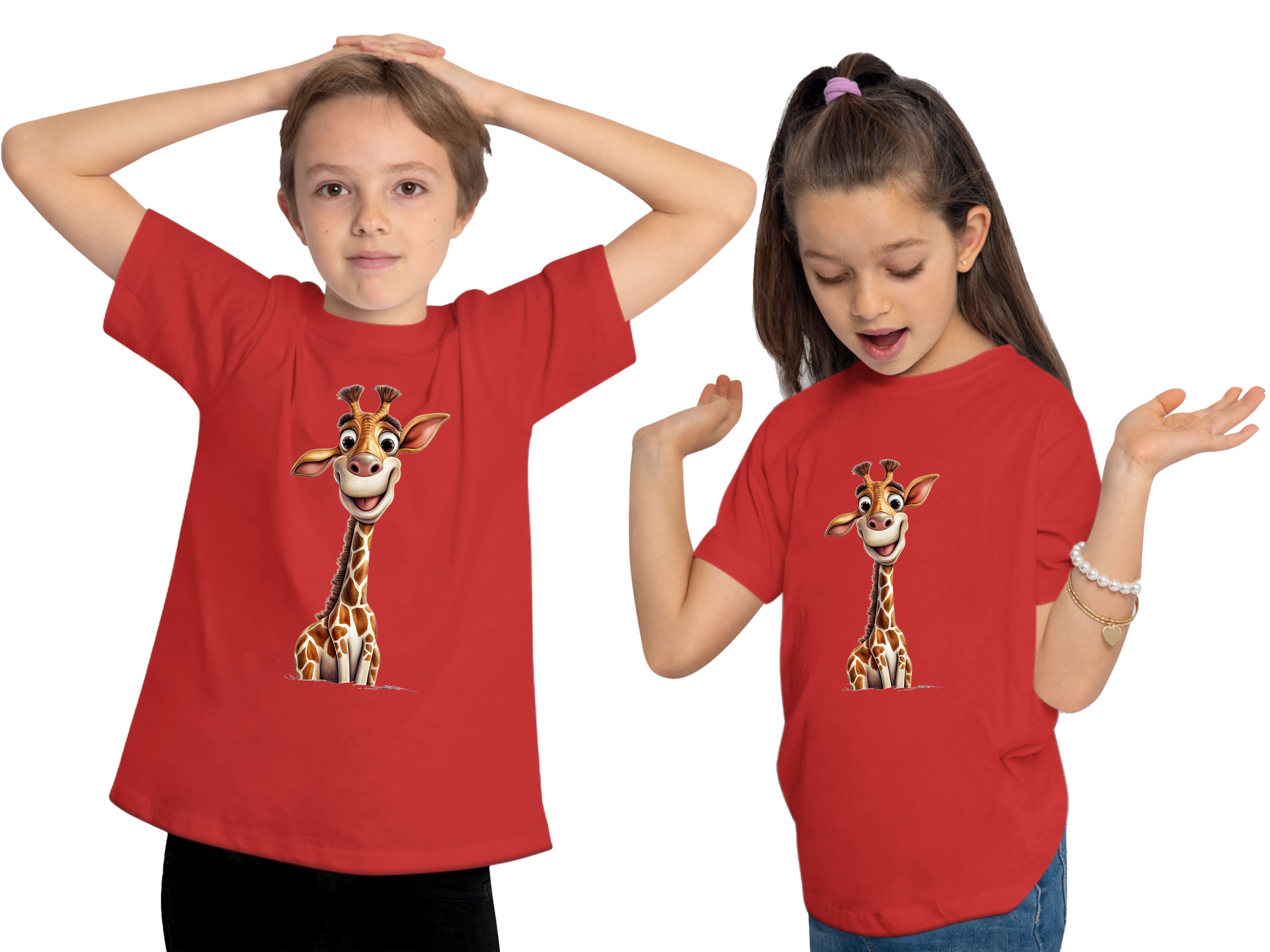 Giraffe - i273 MyDesign24 Kinder T-Shirt rot bedruckt Baby Aufdruck, Wildtier Baumwollshirt Shirt Print mit