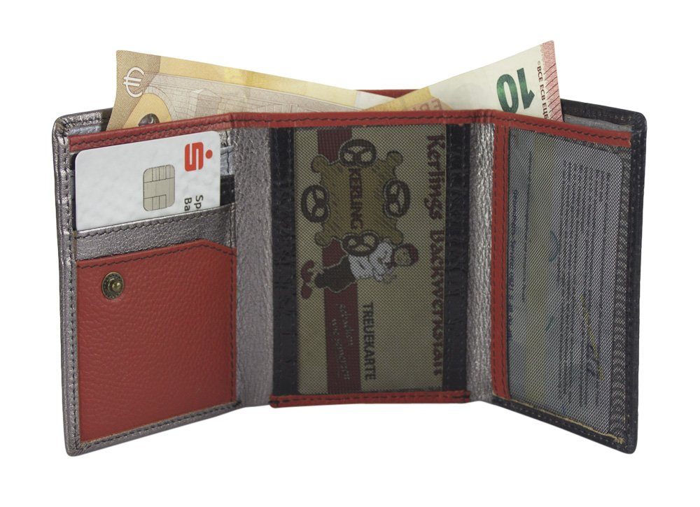Mini klein Geldbörse Lederresten, mit recycelten Geldbörse Mini Sunsa RFID-Schutz, rot/silber/schwarz Leder echt Geldbeutel Brieftasche, Leder, Portemonnaie aus Unisex