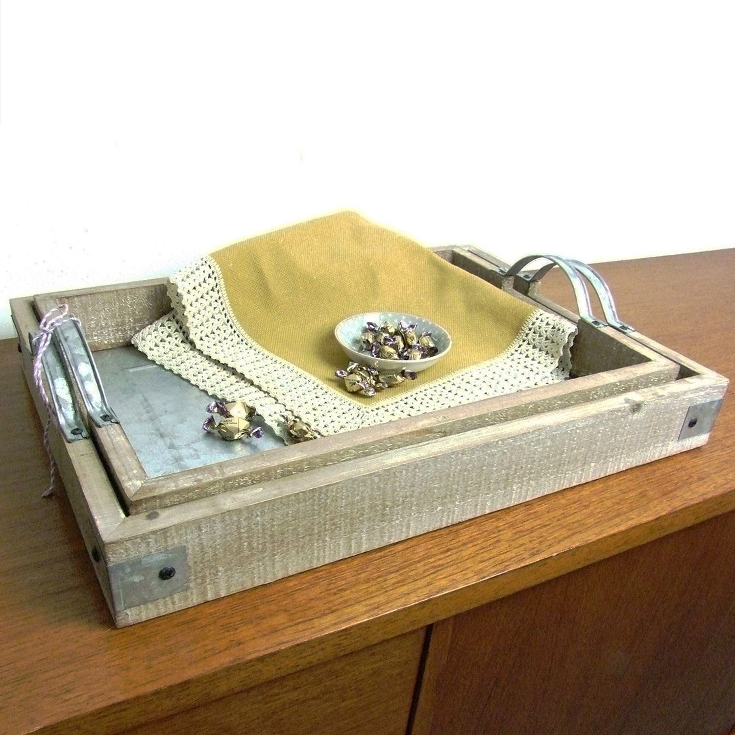 BURI Servierteller Tablett-Set mit Zink-Platte Holztablett Serviertablett Frühstückstable, Holz