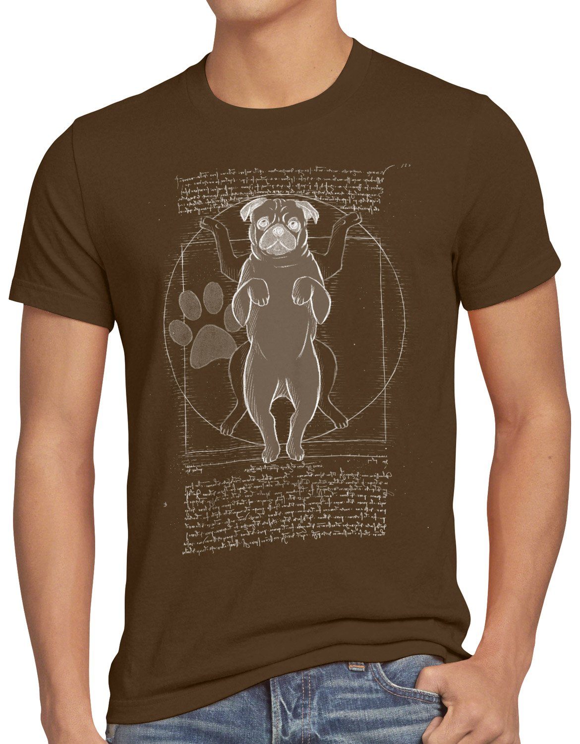 style3 Print-Shirt Herren T-Shirt Vitruvianischer Mops hund da vinci braun