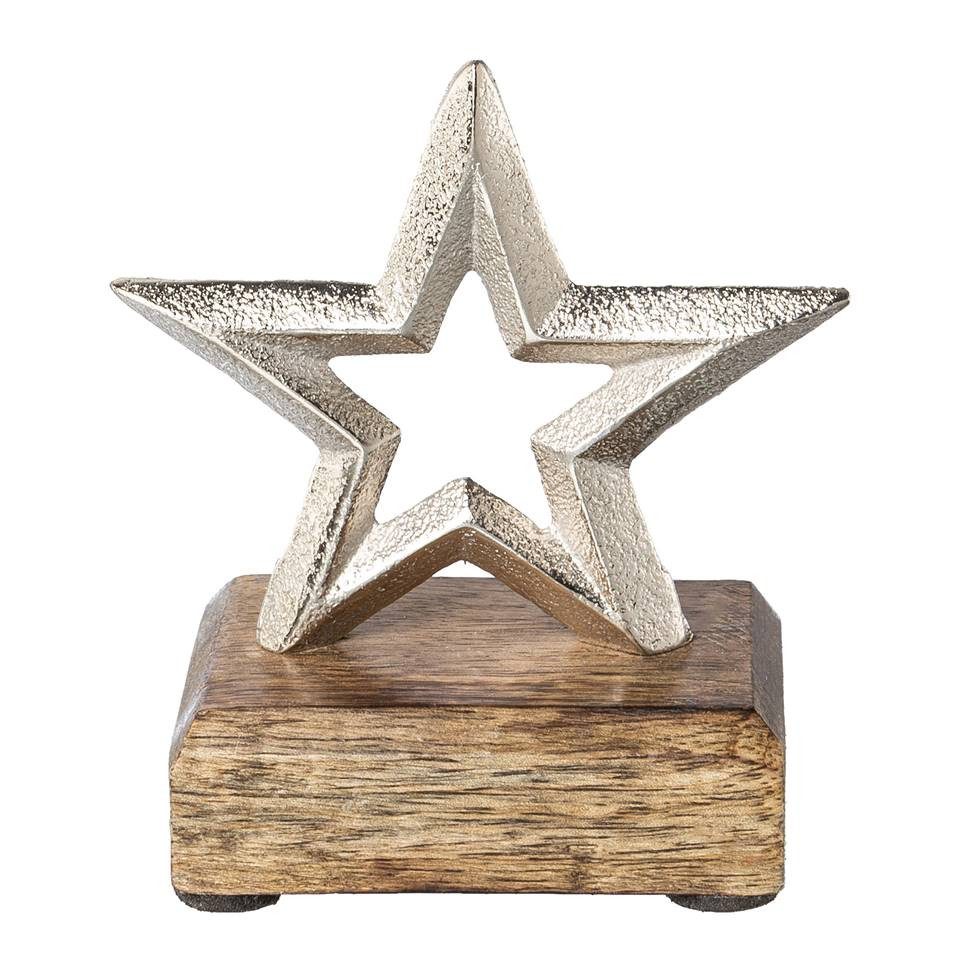 Gasper Dekoobjekt Aluminium-Stern auf Holzbase. 8cm. Alustern auf Holzsockel Silber