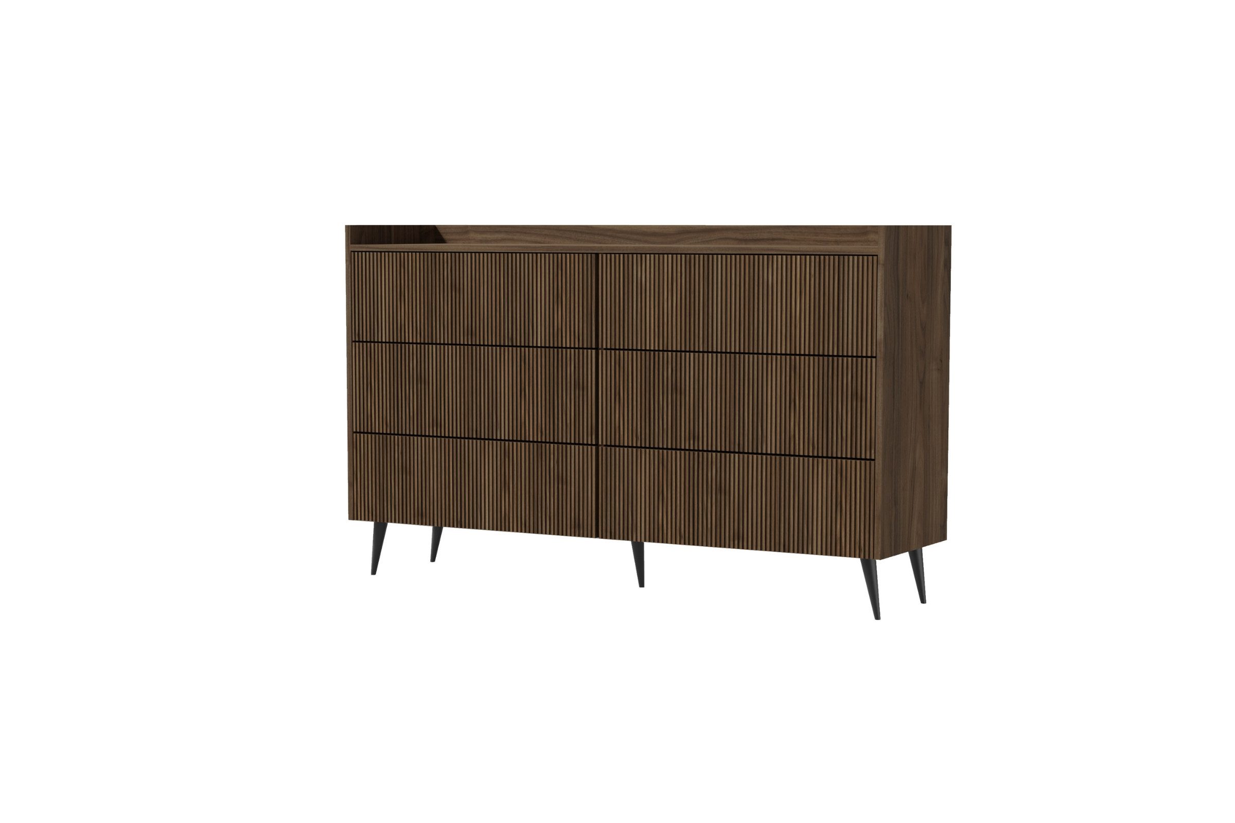 Deine Möbel 24 Sideboard DALIA 03 Kommode 150 cm breit mit 6 geräumigen Schubalden (DALIA-Kollektion, 1 St., ideal für Wohnzimmer, Schlafzimmer, Esszimmer & Flur), geriffelte Fronten, Farbe Kashmir oder Walnuss, hohe Metallfüßen