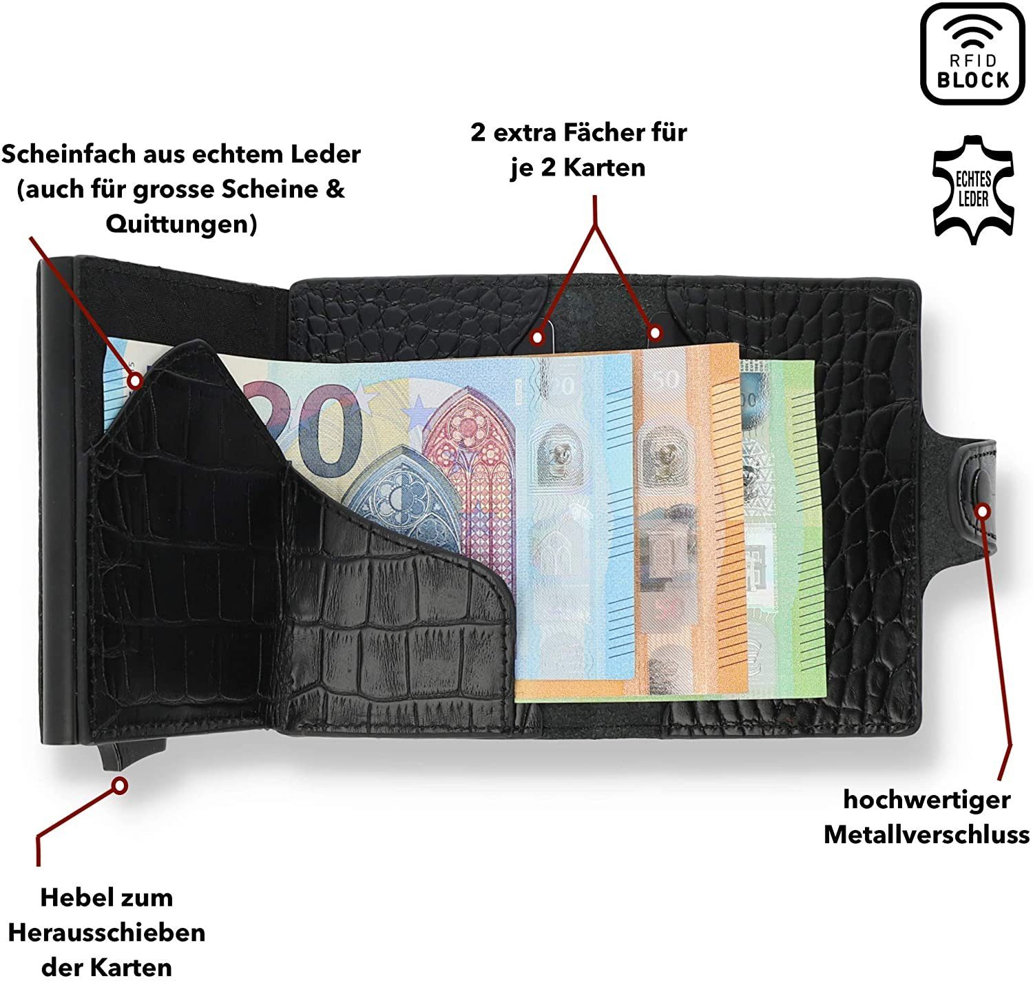 Solo Pelle RFID zu mit [bis Slim ohne Leder, Made 13 Schutz Mini Geldbörse Kroko Wallet in Karten] Mondo Europe, Schwarz Münzfach [RFID-Schutz], echt