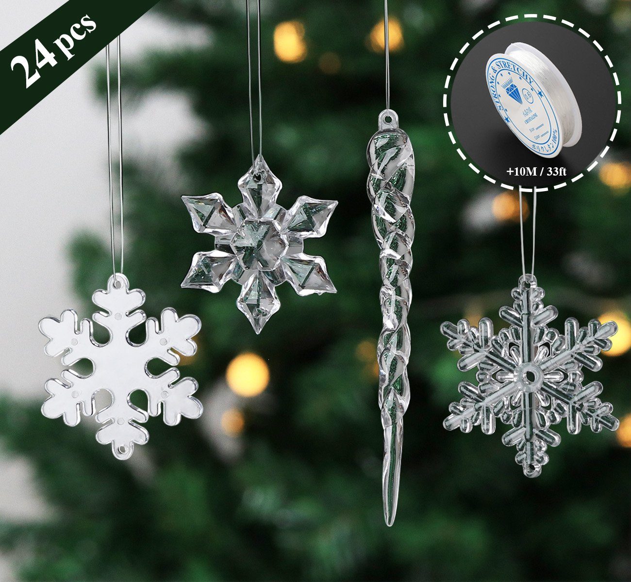 Eiszapfen Schneeflocke Ornamente und Christbaumschmuck Acryl hängende 24tlg Homewit
