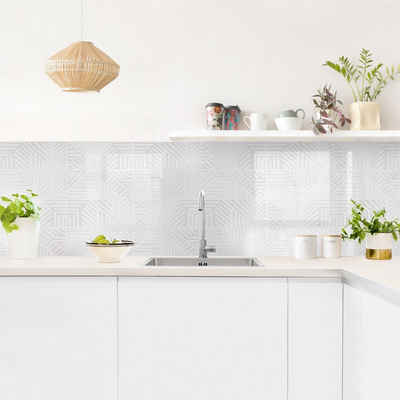 Bilderdepot24 Küchenrückwand weiß dekor Muster Linienmuster Stempel in Weiß Wandverkleidung Küche, (1-tlg., Nischenrückwand - für Fliesenspiegel ohne Bohren - matt), Spritzschutz Rückwand Küche Herd - Folie selbstklebend versch. Größen