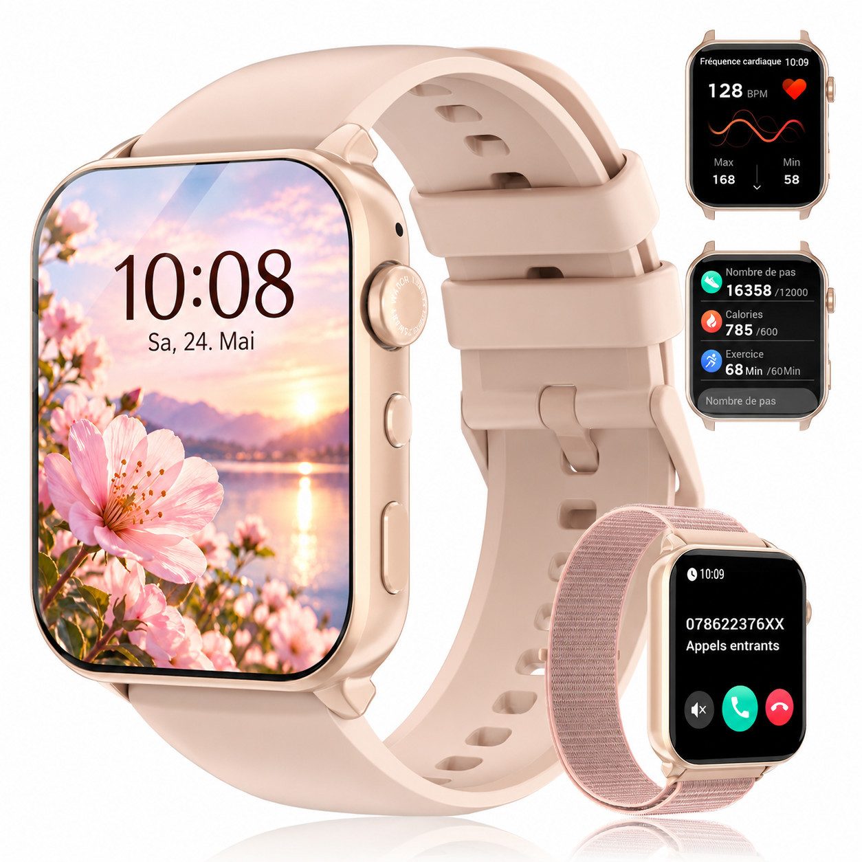 IOWODO Smartwatch Damen Herren 1,91" HD Touch, mit LED Lampe& Bluetooth Anruf Smartwatch, 3xRiemen (Metallarmband+Silikonarmband+Geflochtenesband) und Ladekabel, 5 Tage Akku,350 mAh,SpO₂/HR/Schlaf,App-Fitnesskurse,Schrittzähler,IP68