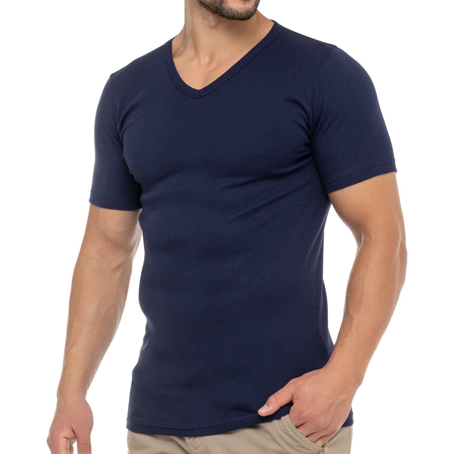 Herren Business Baumwolle Marine celodoro V-Neck Feinripp (1er/3er) T-Shirt 1 x Kurzarmshirt