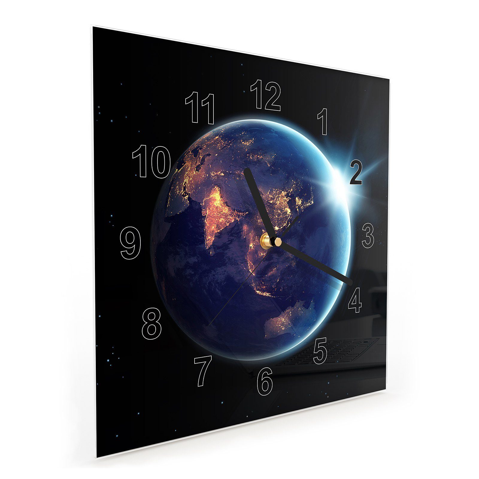 30 Erde mit Lichter der Primedeco Motiv x Größe auf Wanduhr Wanduhr 30 Stadt Wandkunst cm Glasuhr