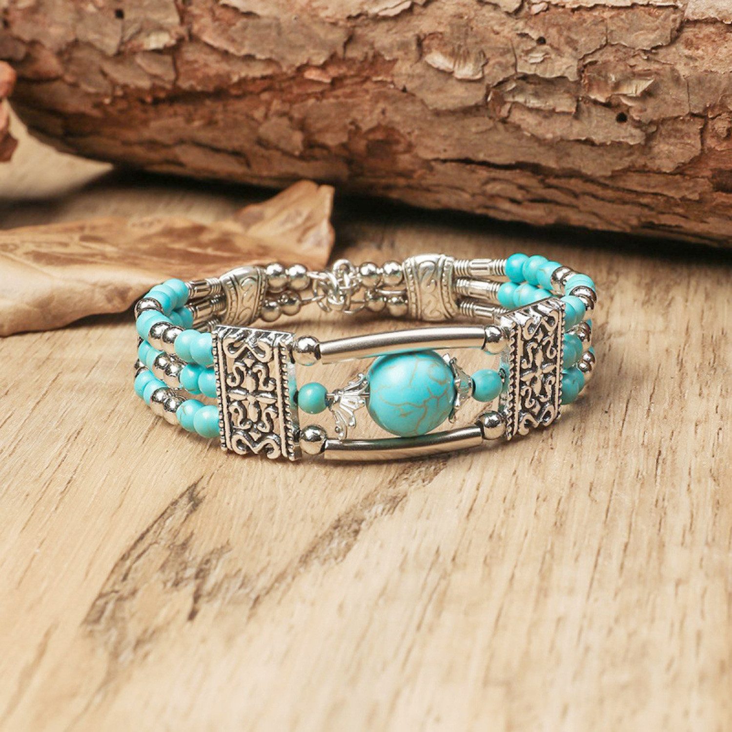 KARMA Armband Damen Vintage Boho Altsilber Türkis 6 cm (1-tlg., Schmuck für Frauen Metall Naturstein), Damenarmband Silber Karabinerverschluss – Bild 4 von 5