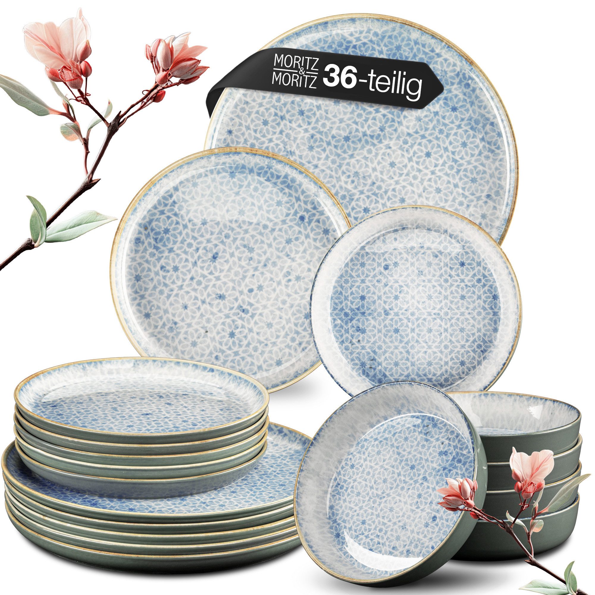 Moritz & Moritz Tafelservice Moritz & Moritz TERRA 36tlg Geschirrset Blau (36-tlg), 12 Personen, Porzellan, Kombigeschirr für 12 Personen