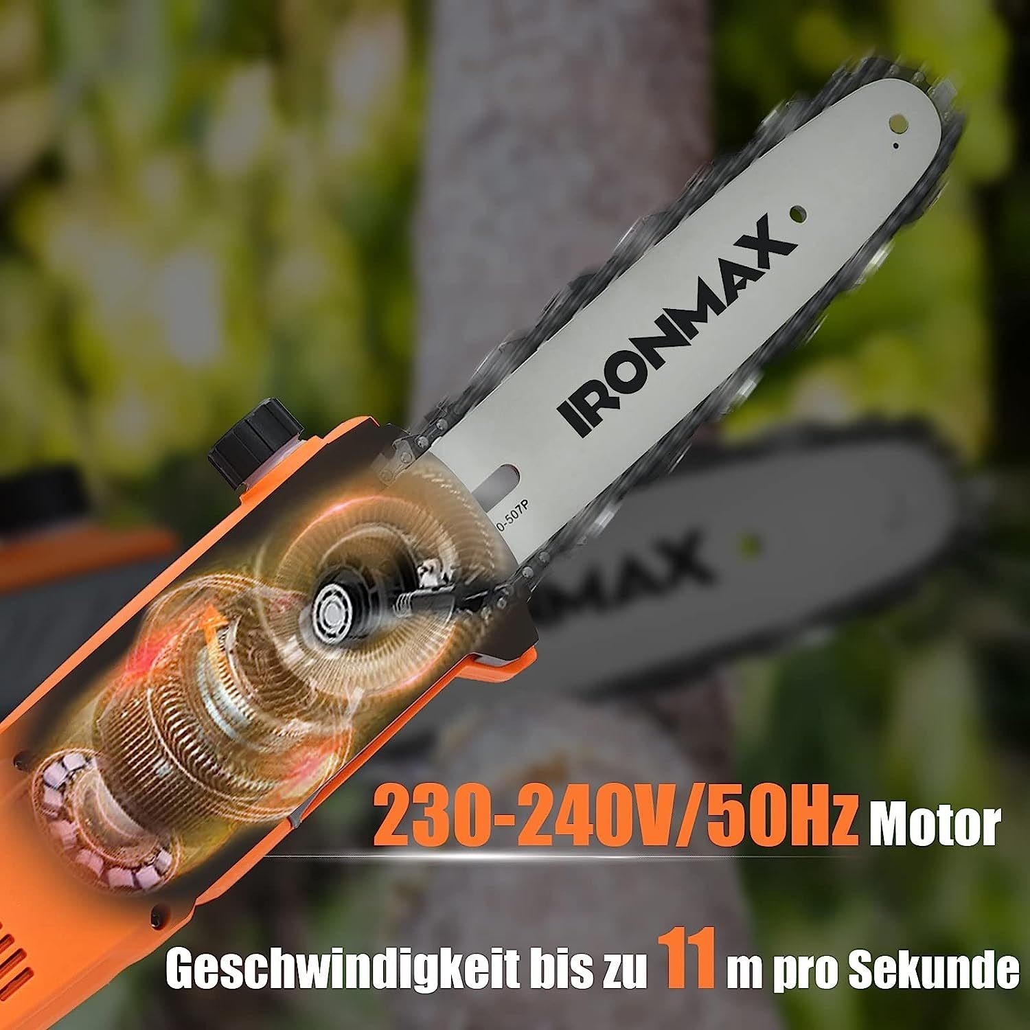 KOMFOTTEU Elektro-Kettensäge 230V 750W, 286,00 cm Schwertlänge, aus Alumiunium, mit Schwertlänge 25cm, Arbeitshöhe bis ca.286 m