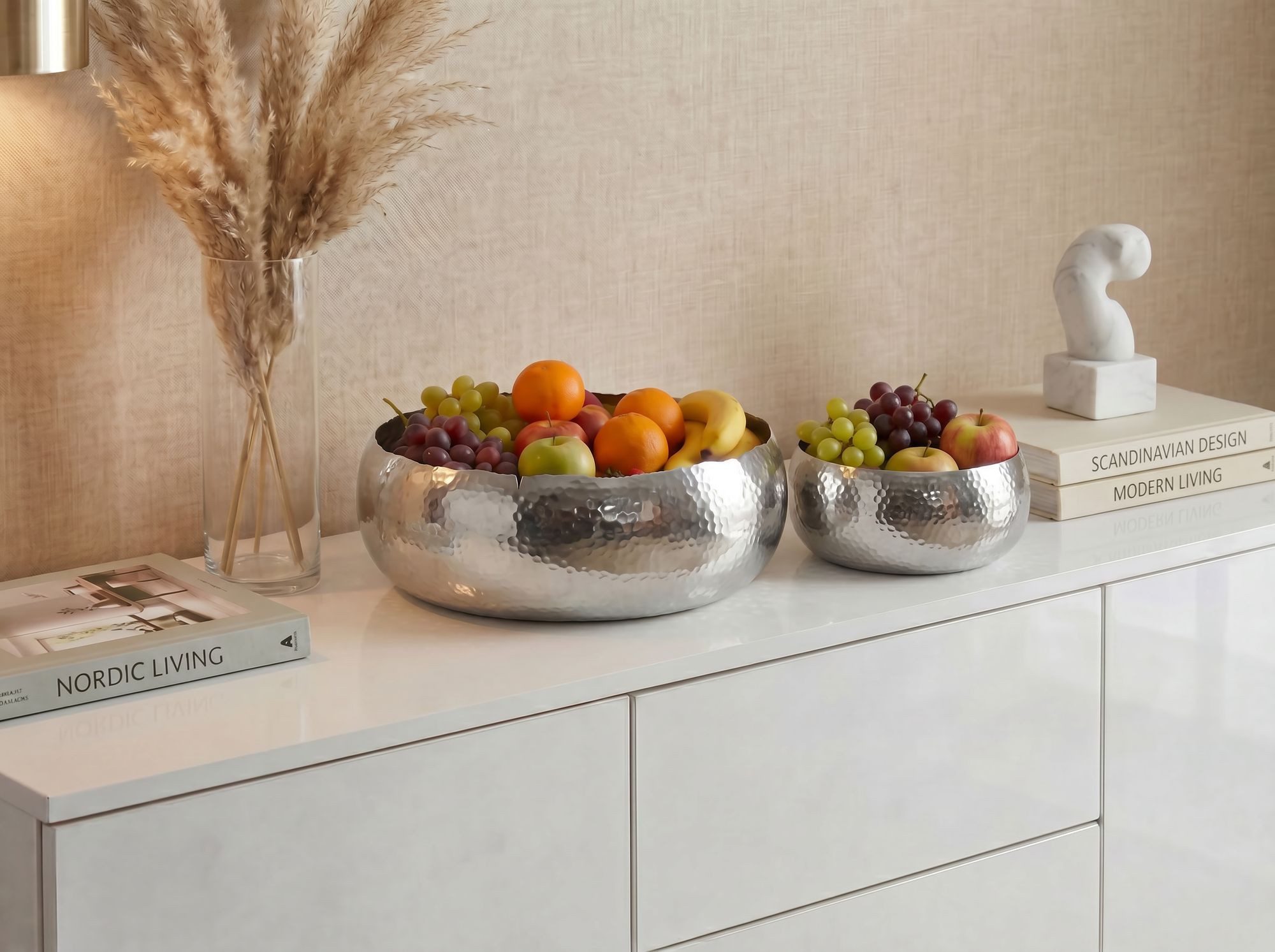 FINEBUY Obstschale FB77785 2er Set Früchteschale Silber Hammerschlag Metall Rund Schale, Aluminium, (Zweiteilige Anrichteschalen aus Aluminium), Wohnaccessoires für Früchte, Obst und Snacks