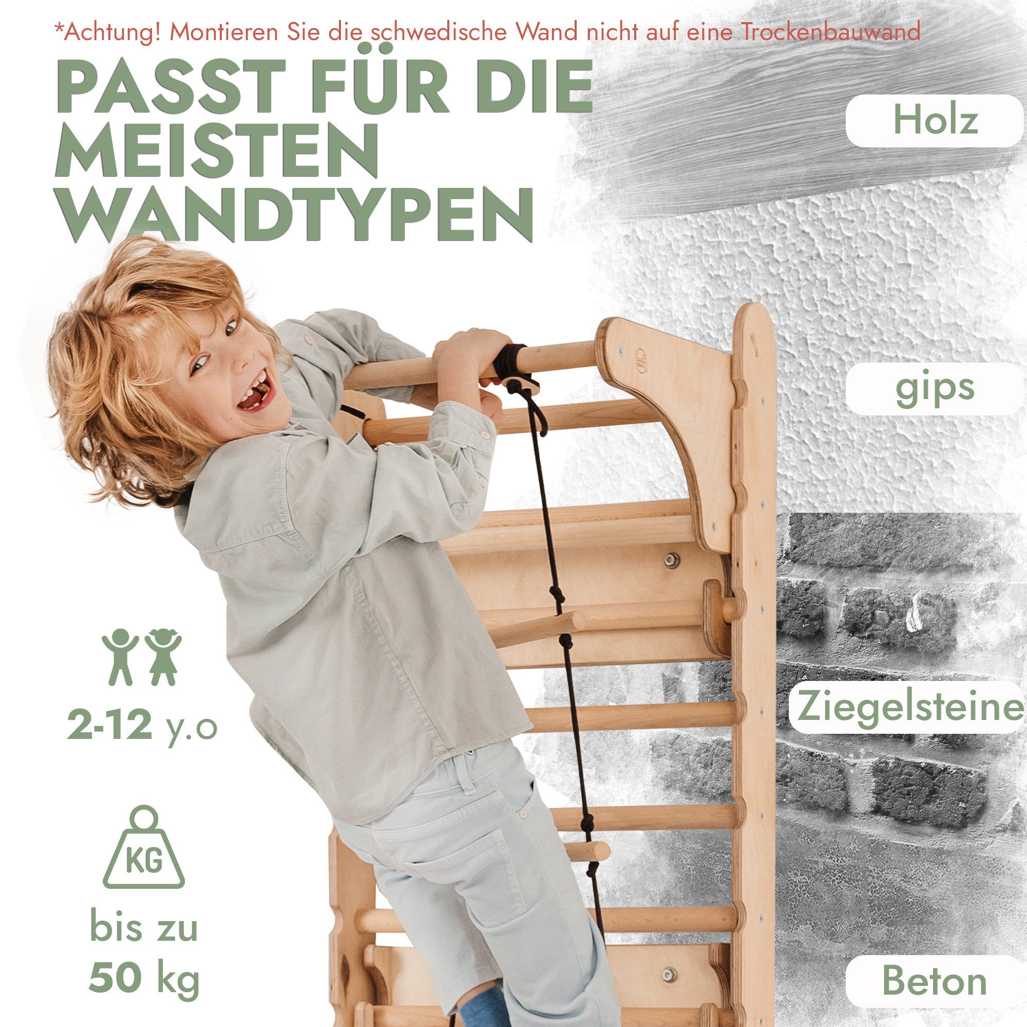 Goodevas Klettergerüst Multifunktionale Schwedenwand & Klettergerüst für Kinder, (Holz Schwedenwand & Rutschensatz – Vielseitiges Indoor Kletterdreieck Set mit  – Bild 5 von 5