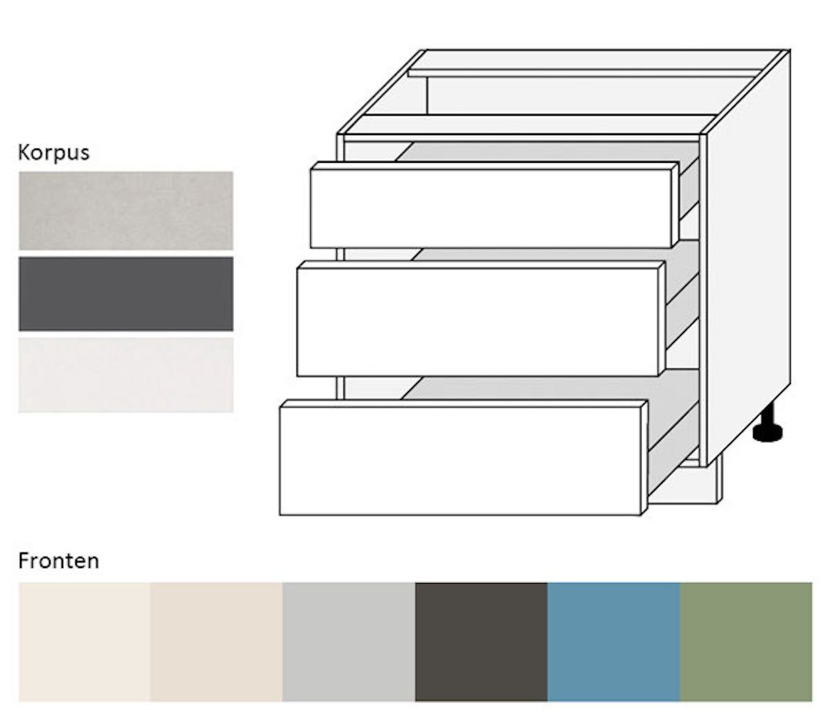 Amaro Korpusfarbe Front- matt Unterschrank 80cm wählbar (Teilauszug) & RAL 6021 mit 3 (Amaro) blassgrün Feldmann-Wohnen Schubladen