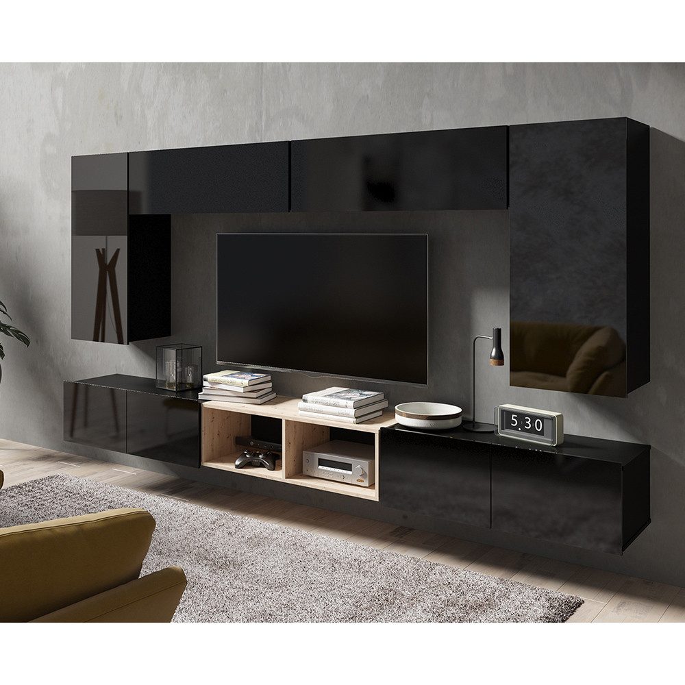 Lomadox Wohnwand CAIRNS-132, (7-St., Wandregal Lowboards Stauraumschränke), in schwarz Hochglanz und Eiche Nb, stehend oder hängend, grifflos