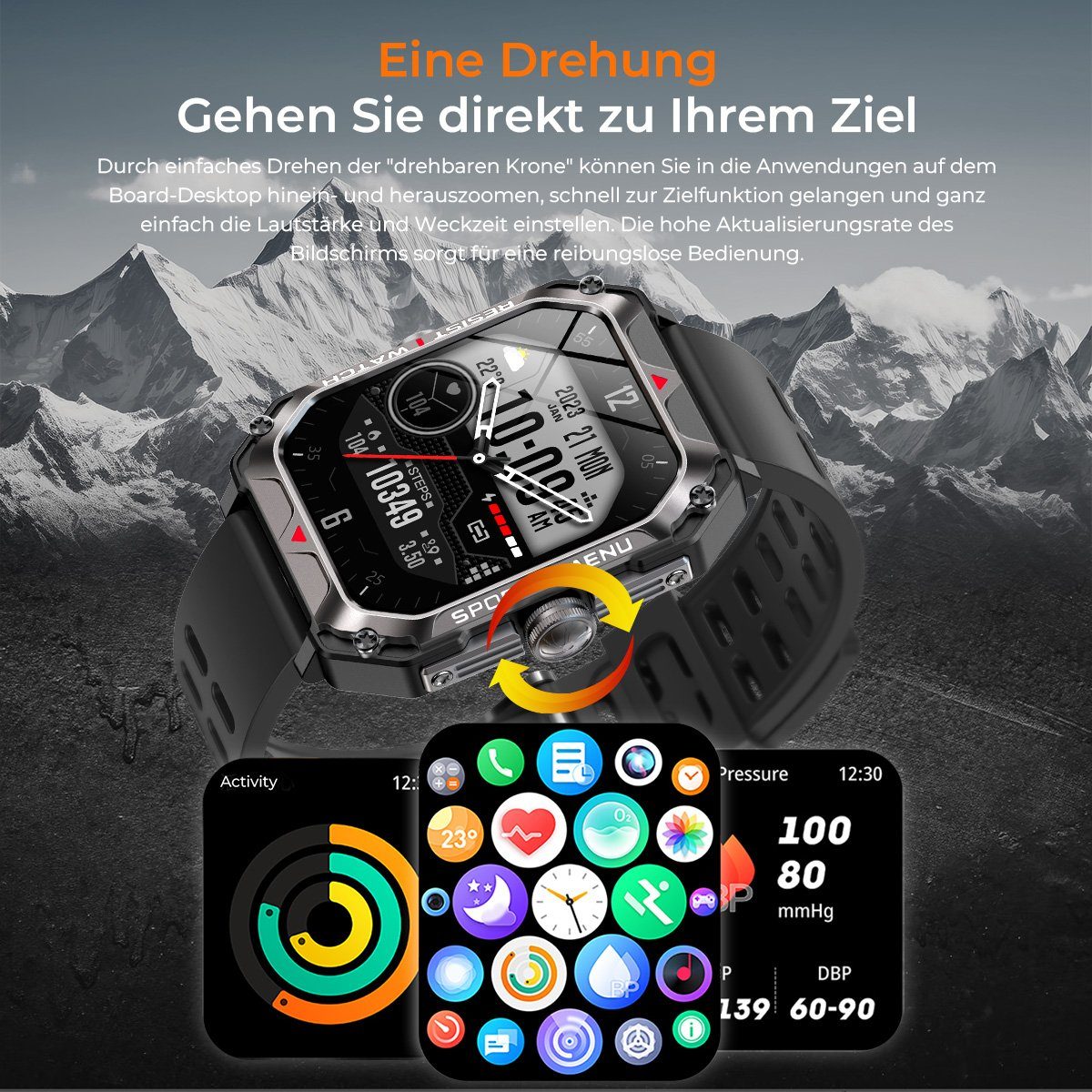 7Magic Smartwatch Herren Smartwatch Schwarz (2.02 Telefonfunktion mit Wasserdicht IP68 Outdoor Zoll), Tracker, Schlafmonito Damen Sportuhr Fitness Touchscreen 2,02”