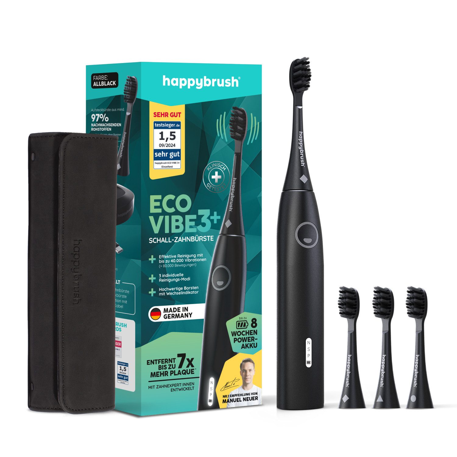 happybrush Schallzahnbürste Eco Vibe 3 AllBlack - TESTSIEGER - 8 Wochen Power Akku, Aufsteckbürsten: 4 St., Eco Vibe 3, 3 individuelle Putz-Modi, Schalltechnologie