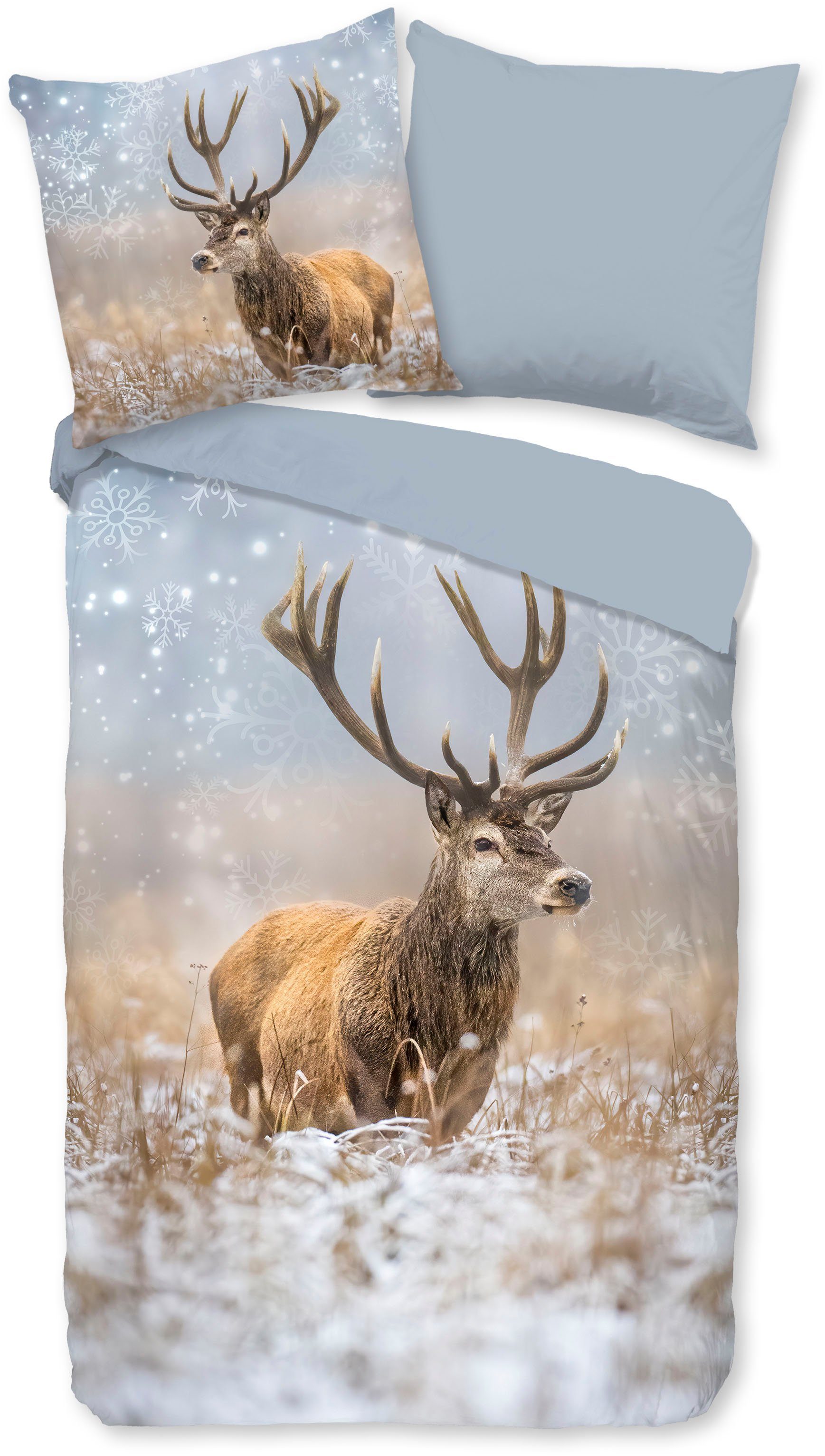 good morning Wendebettwäsche Jolly, Biber, Flanell, 2 teilig, Biber, 135x200, Winter, Warm, Reißverschluss, Wendeoptik, Reh – Bild 2 von 5