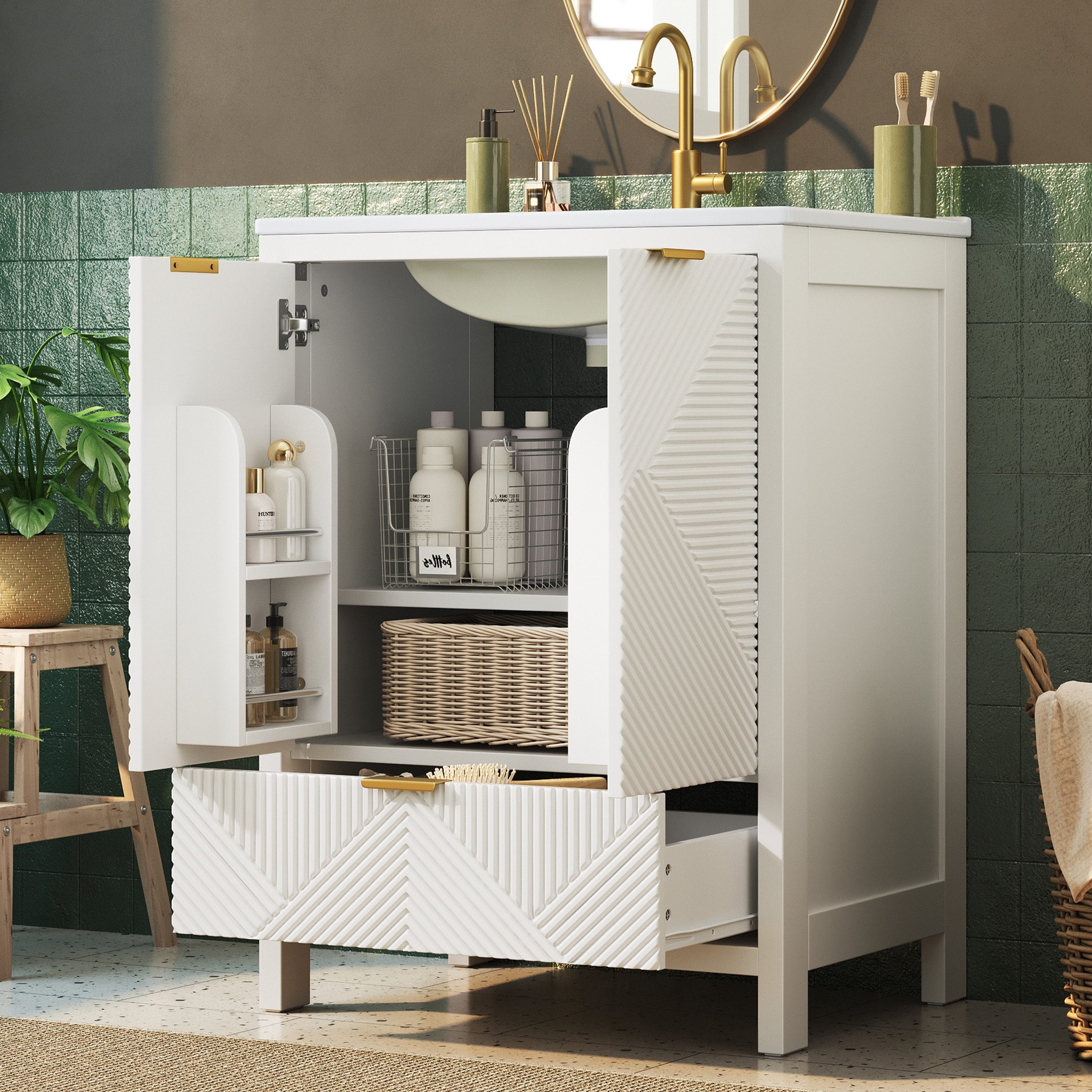 Flieks Waschtisch Waschbeckenunterschrank mit Waschbecken, Schubladen, Türregalen (61x47x87 cm, 1-St., bodenstehend Badschrank, Wellenmuster-Textur), Badezimmerschrank mit Soft-Close-Funktion Badschrank Badmöbel Weiß