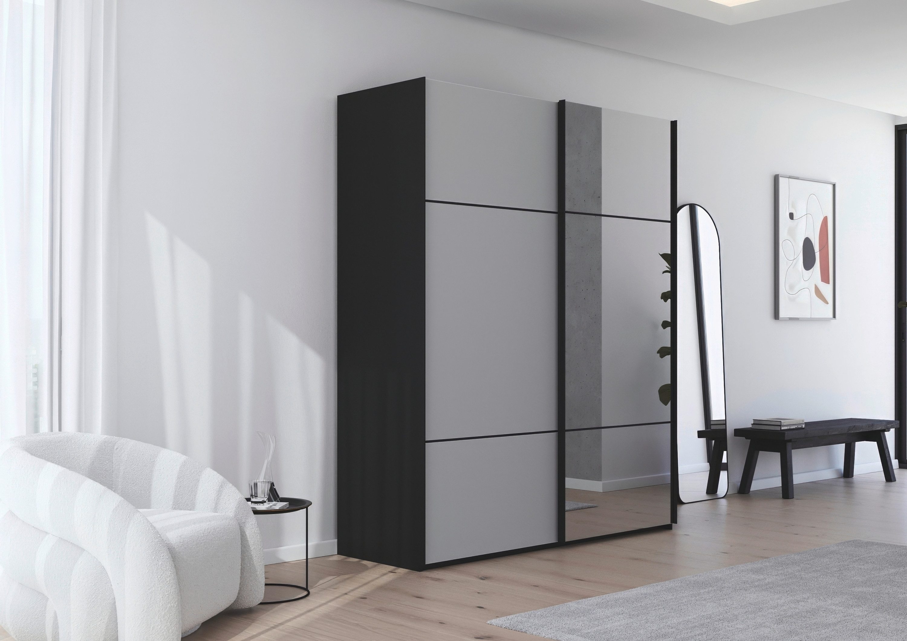 rauch Schwebetürenschrank Kleiderschrank Schrank Garderobe Schlafzimmerschrank SCALE-TRIO edle dreigeteilte Front mit 2 Zierleisten Spiegel/Glas MADE IN GERMANY