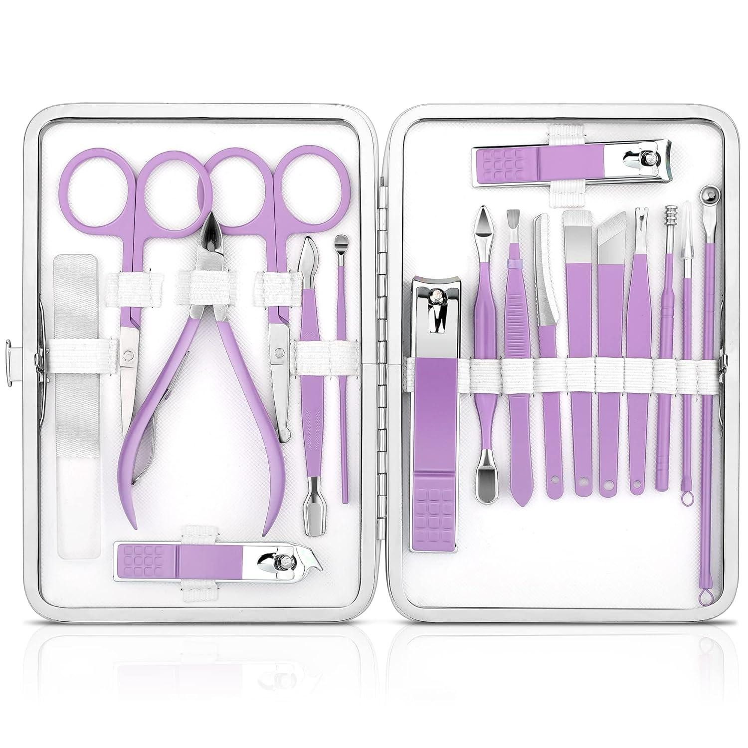 LuxusKollektion Nagelknipser-Set Professionelles Maniküre Pediküre Set 18-teilig mit Lila Etui