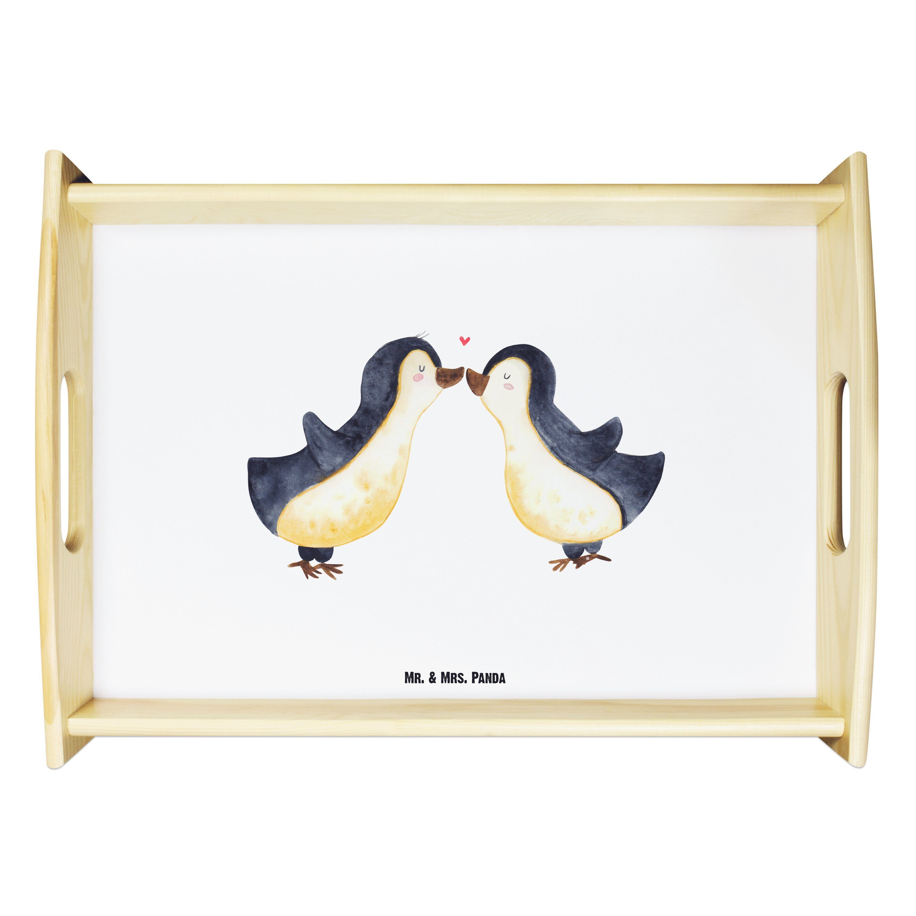 Mr. & Mrs. (1-tlg) Echtholz Pinguin - Weiß Liebe Liebesbeweis, Tablett - lasiert, Holztablett, Geschenk, Panda Frühstück
