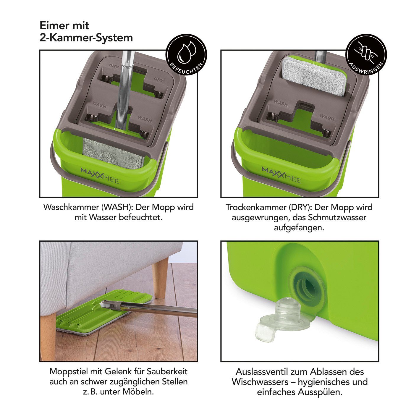 2-Kammer-System - - limegreen Eimer 7,5 MAXXMEE Wischmopp Smart - Bodenwischer Komfort-Mopp l