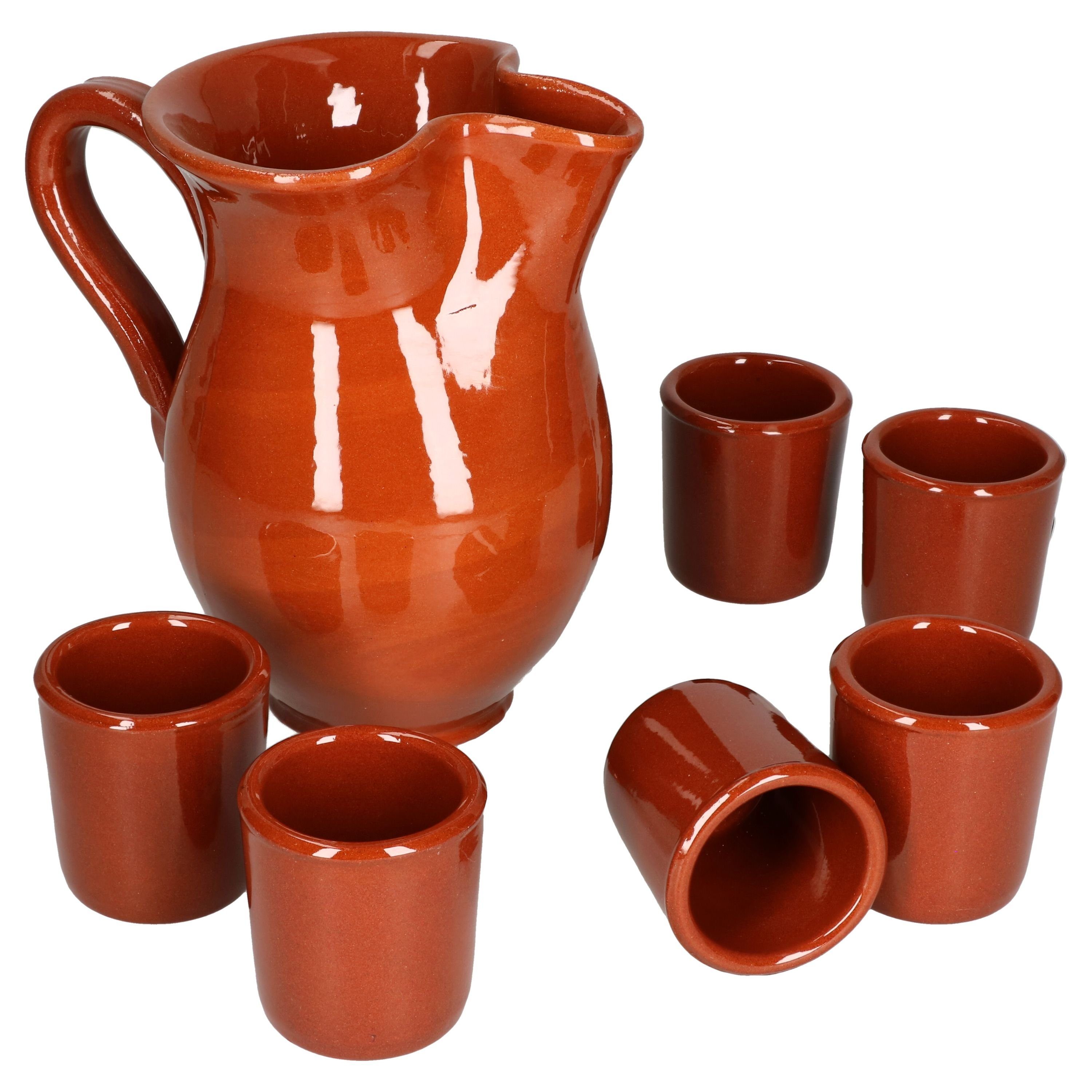 MamboCat Becher 7tlg. Tongeschirr Set Tonkrug 0,5L + 6 Tonbecher 50ml braun glasiert