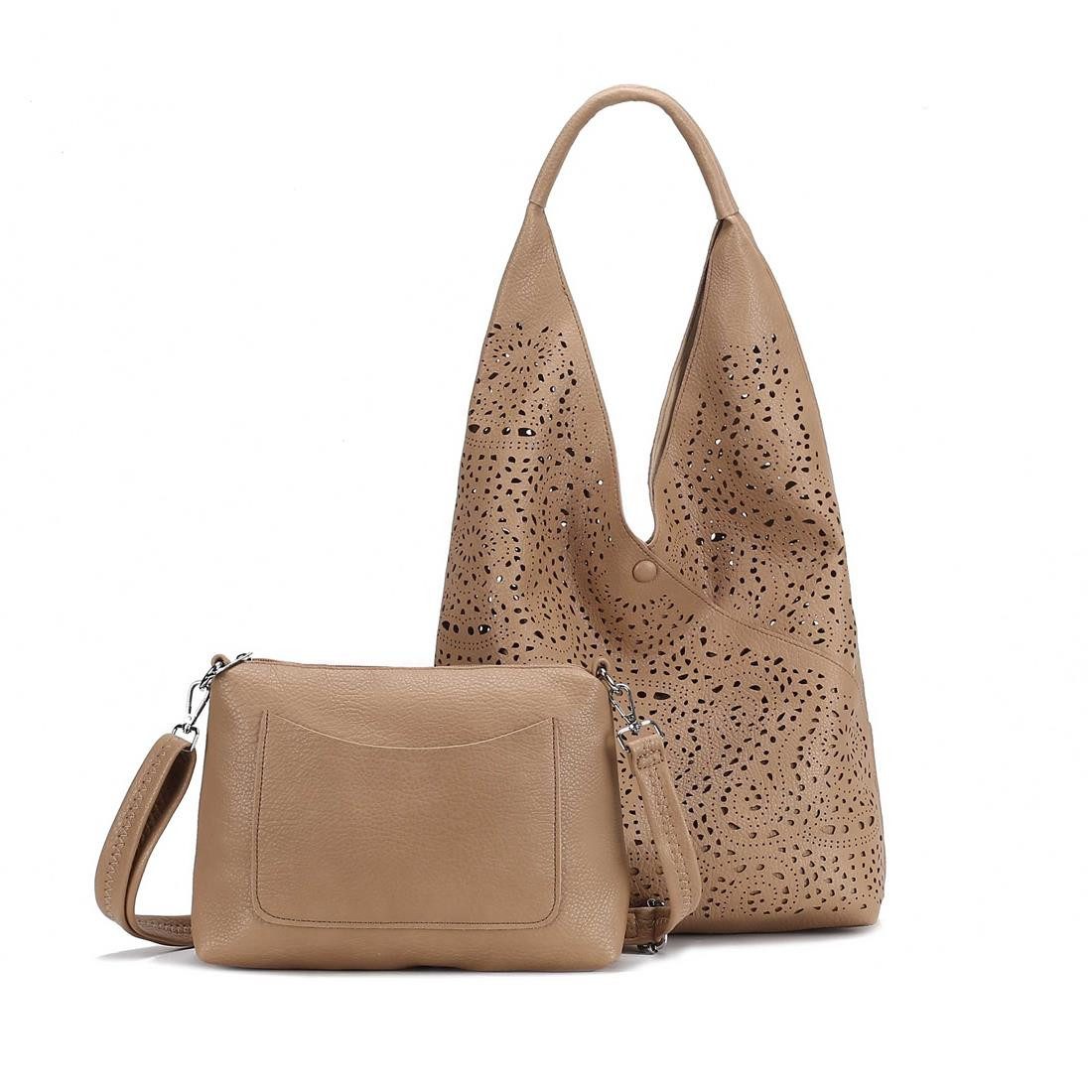 ITALYSHOP24 Schultertasche DAMEN XXL SHOPPER Set HOBO Cross Over Body Bag Umhängetasche Beutel (Spar-Set: Henkel Tasche mit CrossOver, Workbag Schule Tote Weekender, 2-tlg., mit Henkel & Schultergurt), Schmucktasche Smartphone Freizeit Abend Urlaub Leder Optik leicht