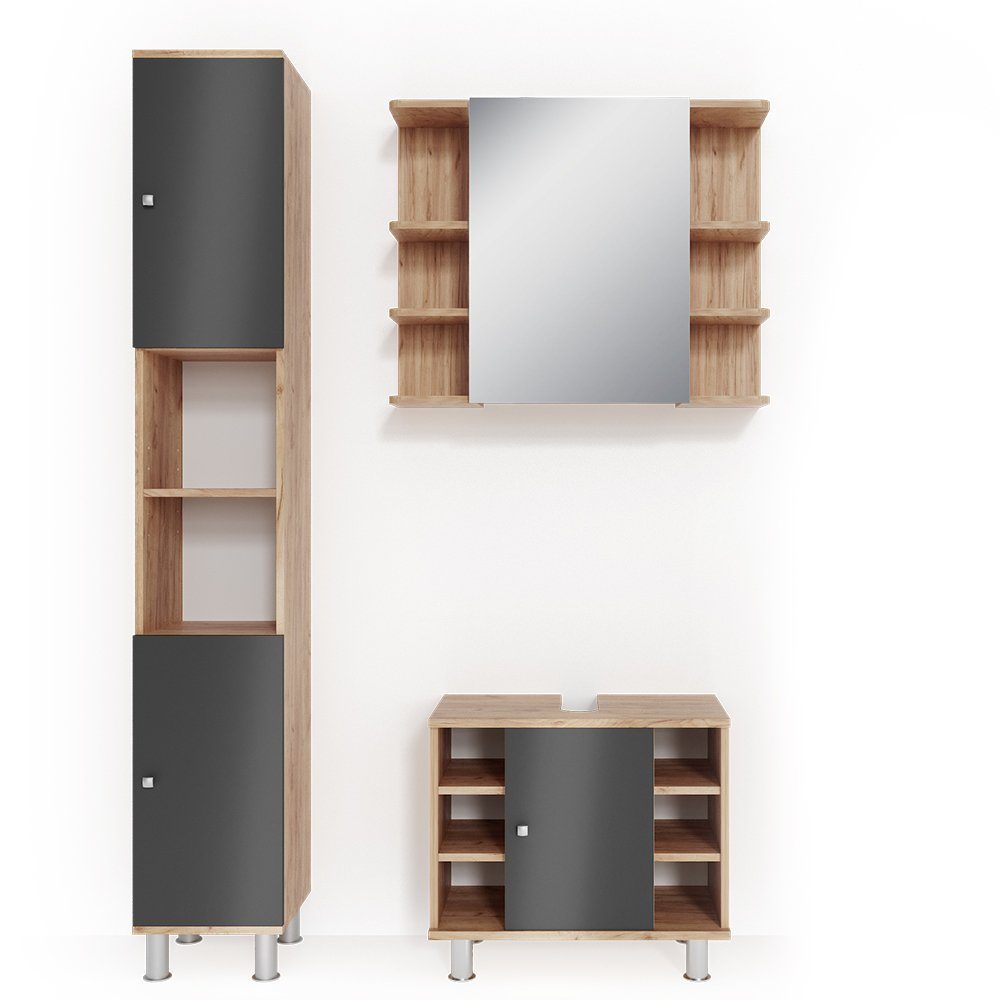 Vicco Badmöbel-Set Fynn, Eiche/Anthrazit, 3 Teile, günstig online kaufen