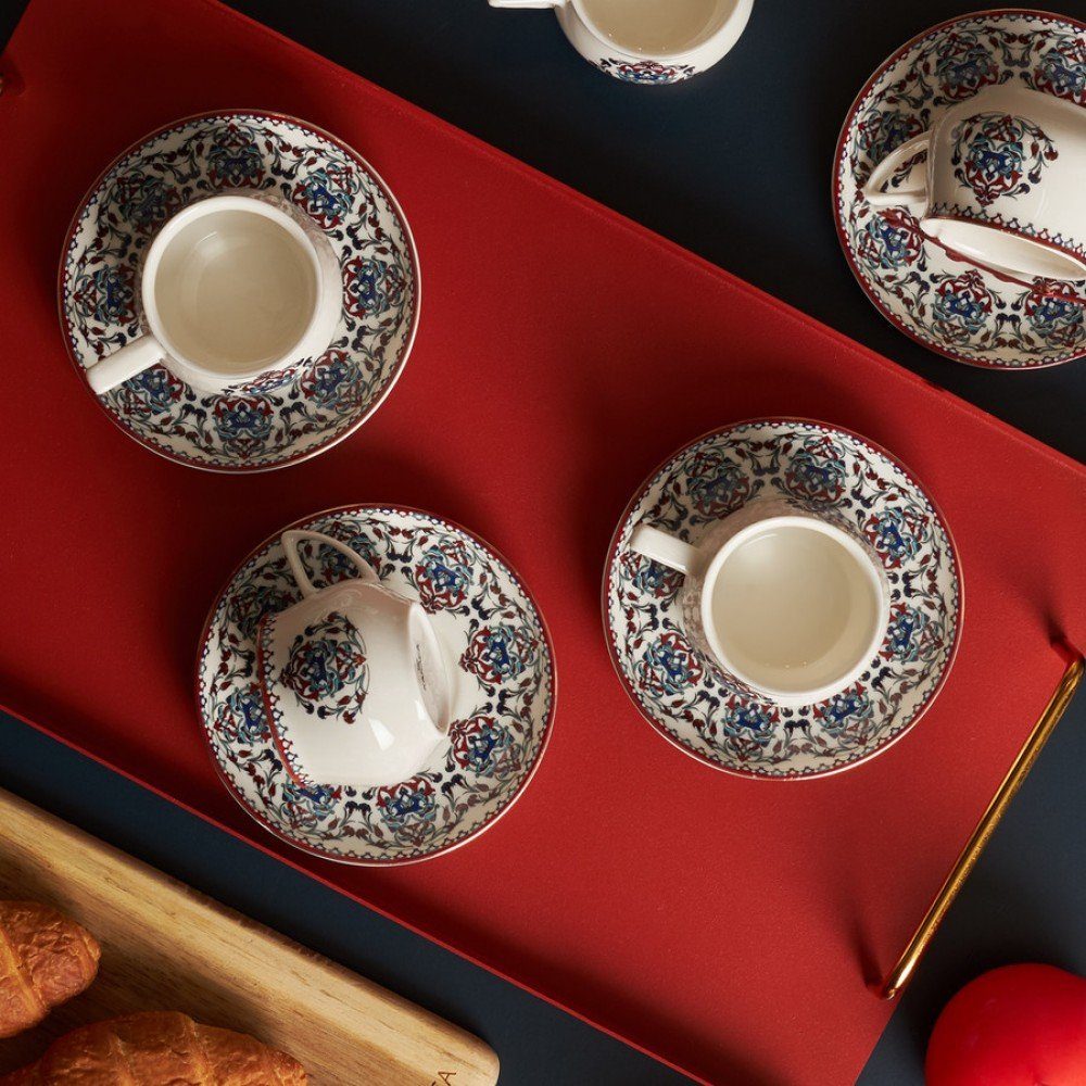 Karaca Kaffeeservice Nakkas 12teiliges Espressotassen Turkische Kaffeee Set für 6 Personen