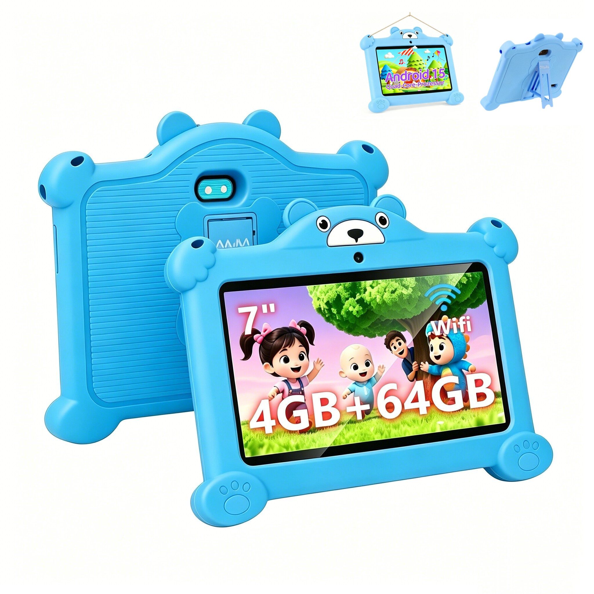 LETGOSPT 7 Zoll 4GB+64GB WiFi Bluetooth IPS HD-Display Android 15 Kinder Tablet (7", 64 GB, Android 15, WiFi, ab 3 Jahren Dual-Kamera mit Hülle & Stift, Google Kids Space Gemini AI)