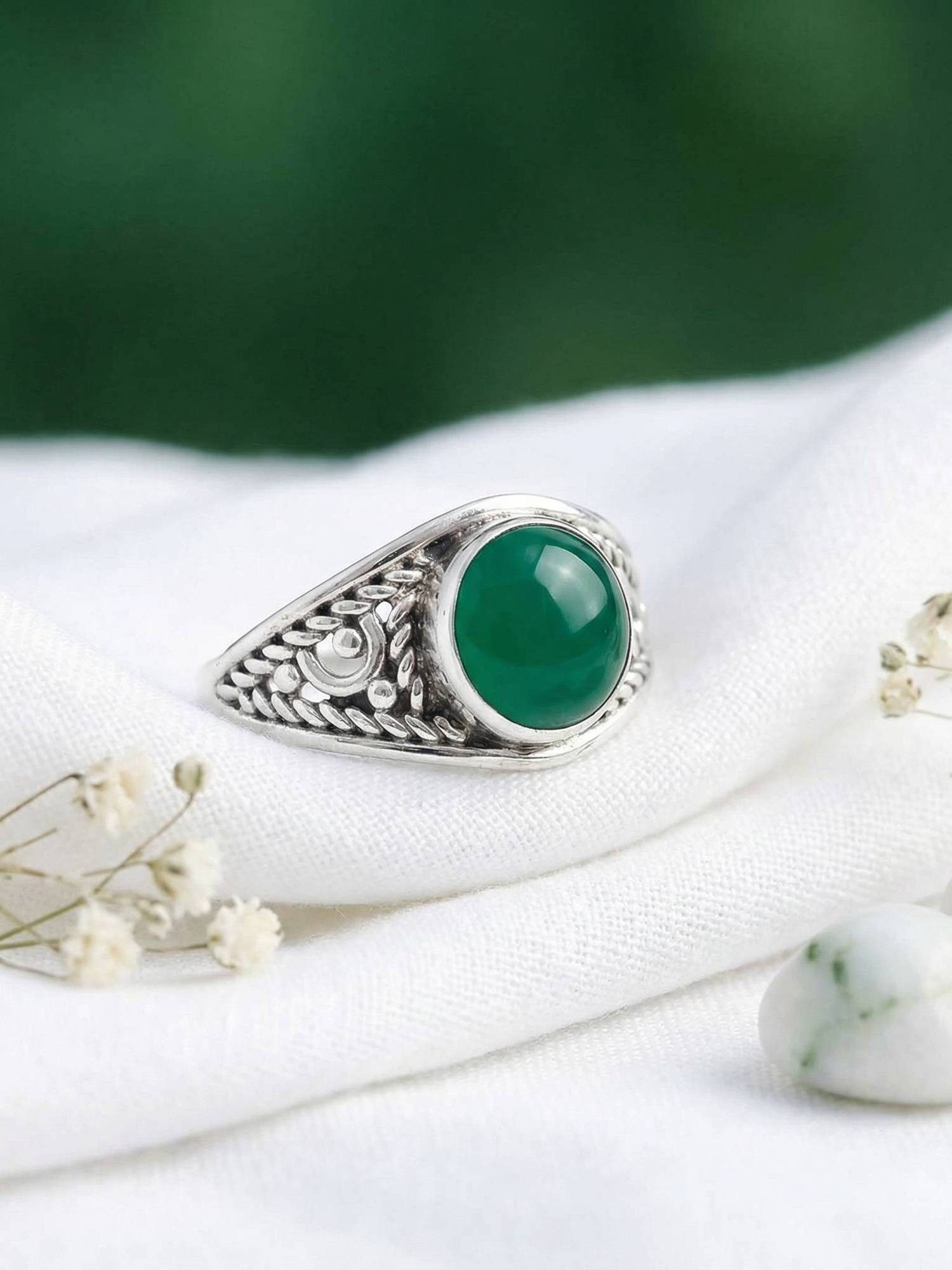 mantraroma Silberring DAHAB rund aus 925 Silber mit grünen Onyx (Ring mit Schmuckbeutel), Damenring aus 925er Silber