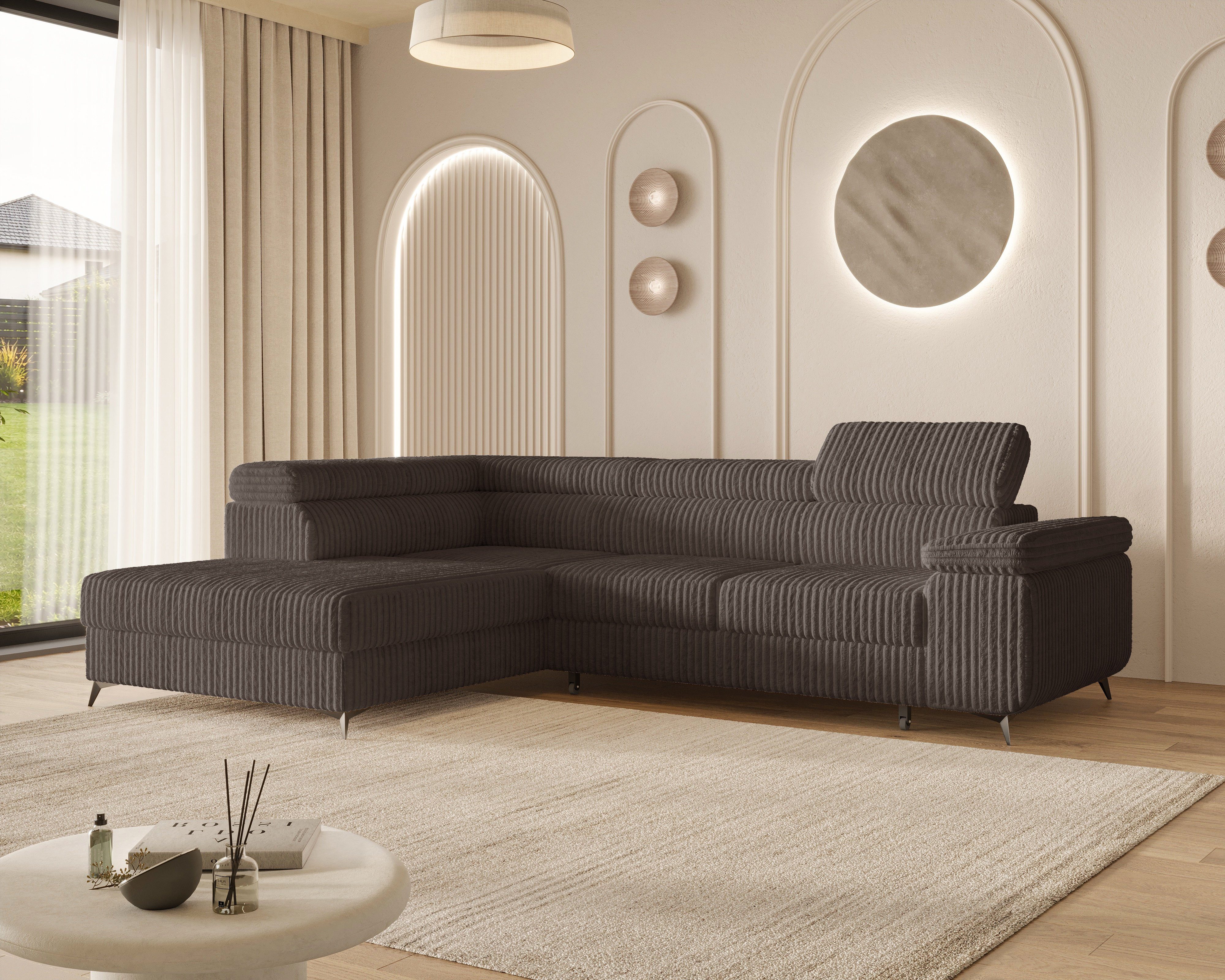 MOEBLO Ecksofa OSTIN, 290 cm – Modernes L-Sofa mit Schlaffunktion, Bettkasten und verstellbaren Kopfstützen, Cord oder Strukturstoff, - (BxHxT): 290 x 75–90 x 202 cm