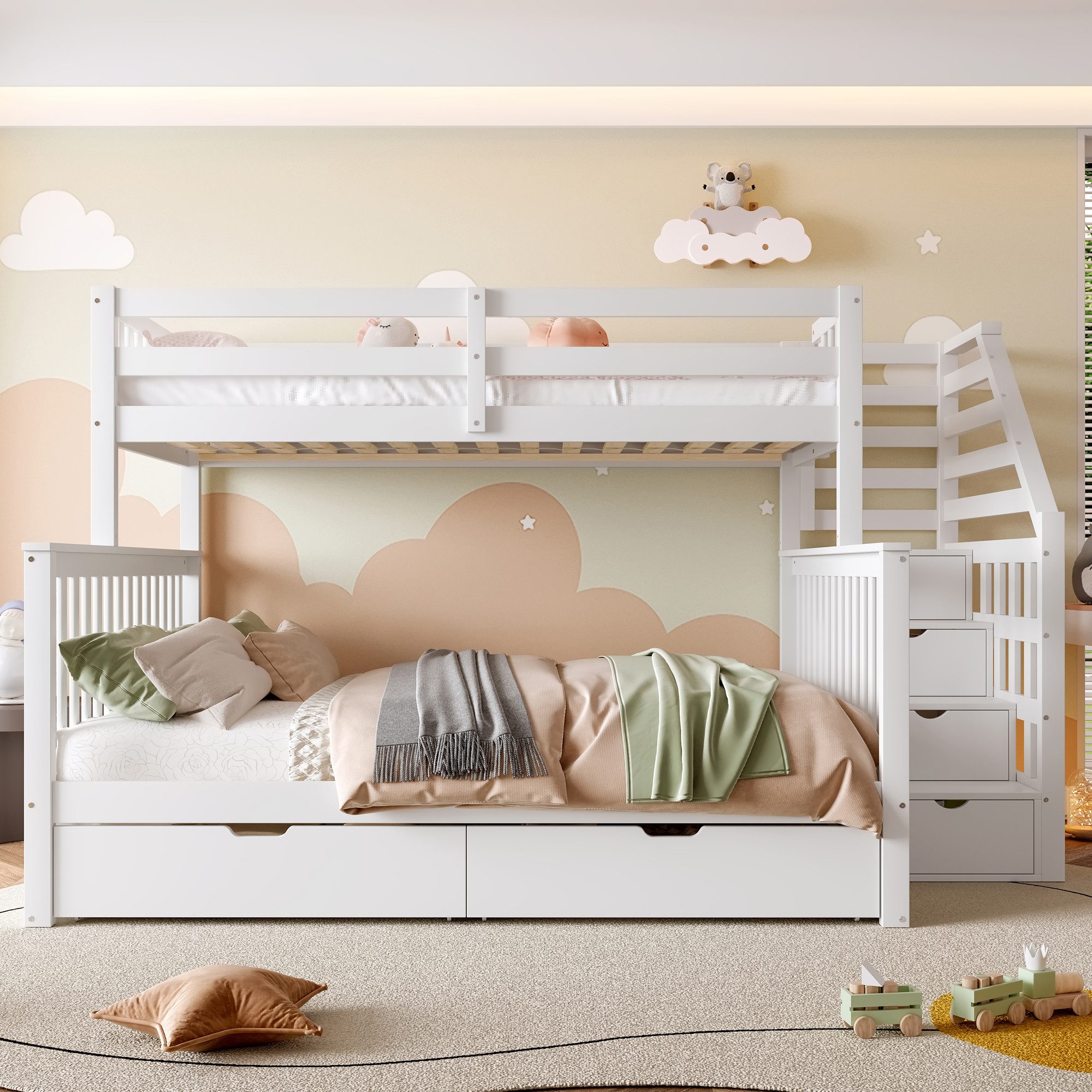 MODFU Etagenbett mit Stauraum und Schubladen (Kinderbett mit Sicherheitsgitter, Holzbett 90x200&140x200 cm), ohne Matratze