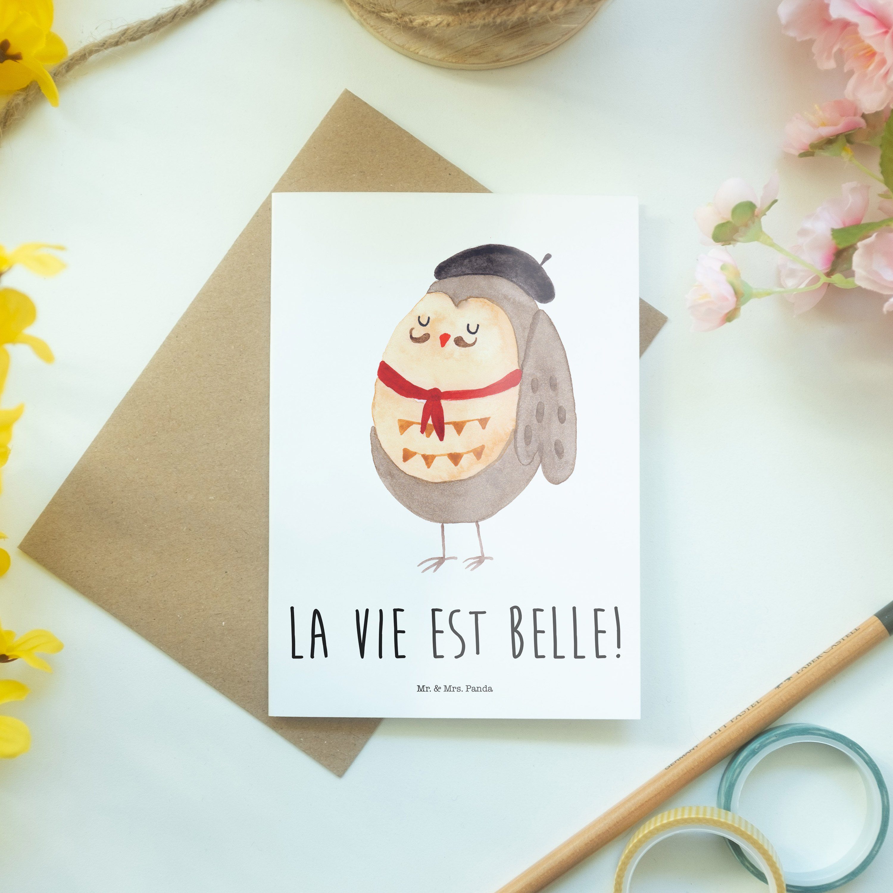vie Weiß - Panda & Klappkar hibou, La - Mr. est belle, Eule Geschenk, Französisch Mrs. Grußkarte