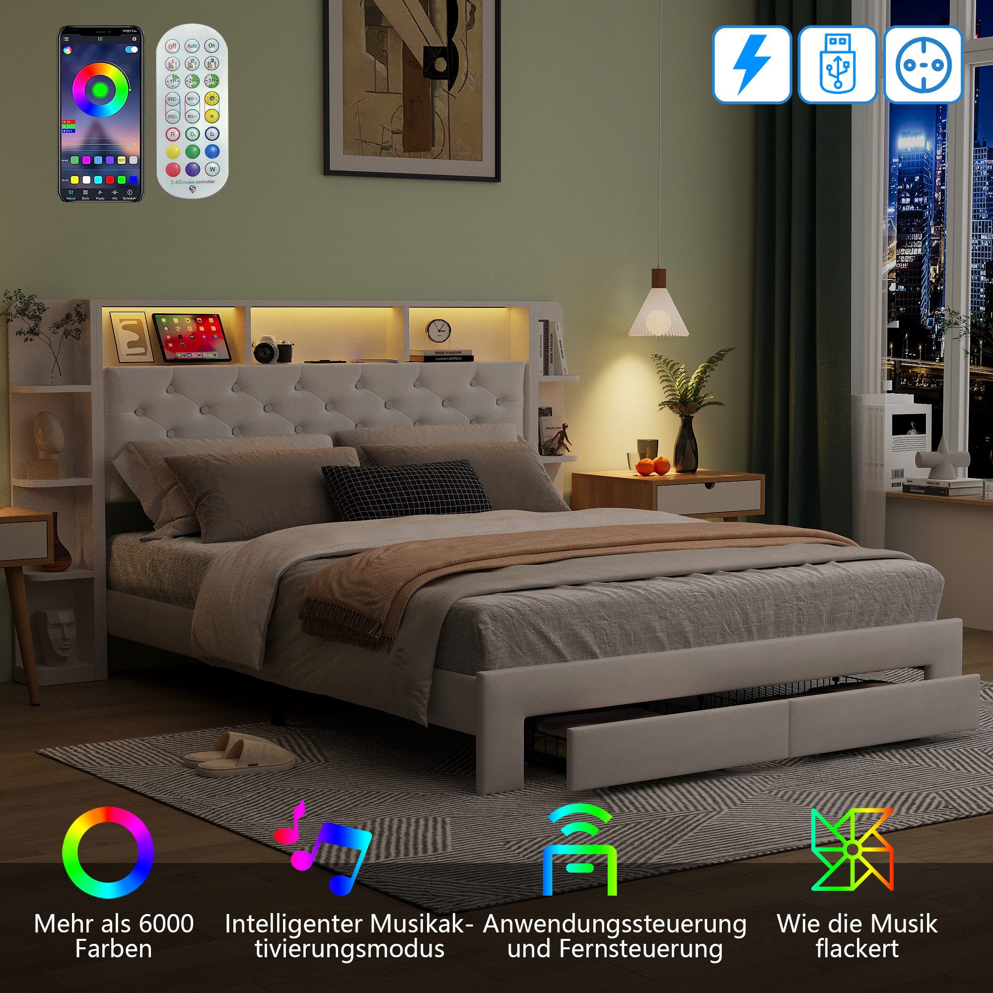 ADWOLT Polsterbett Doppelbett Stauraumbett mit LED-Licht (Bettgestell, 1-tlg., Mit Kopfteil und Lattenrost), 140x200 cm,Kopfteil mit Ablagefach,2 Schubladen,USB – Bild 4 von 5