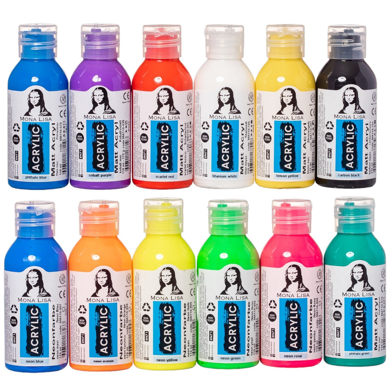 SÜDOR Acrylfarbe Acrylfarben Set 12x110ml (1320ml) - Main & Neon Farben