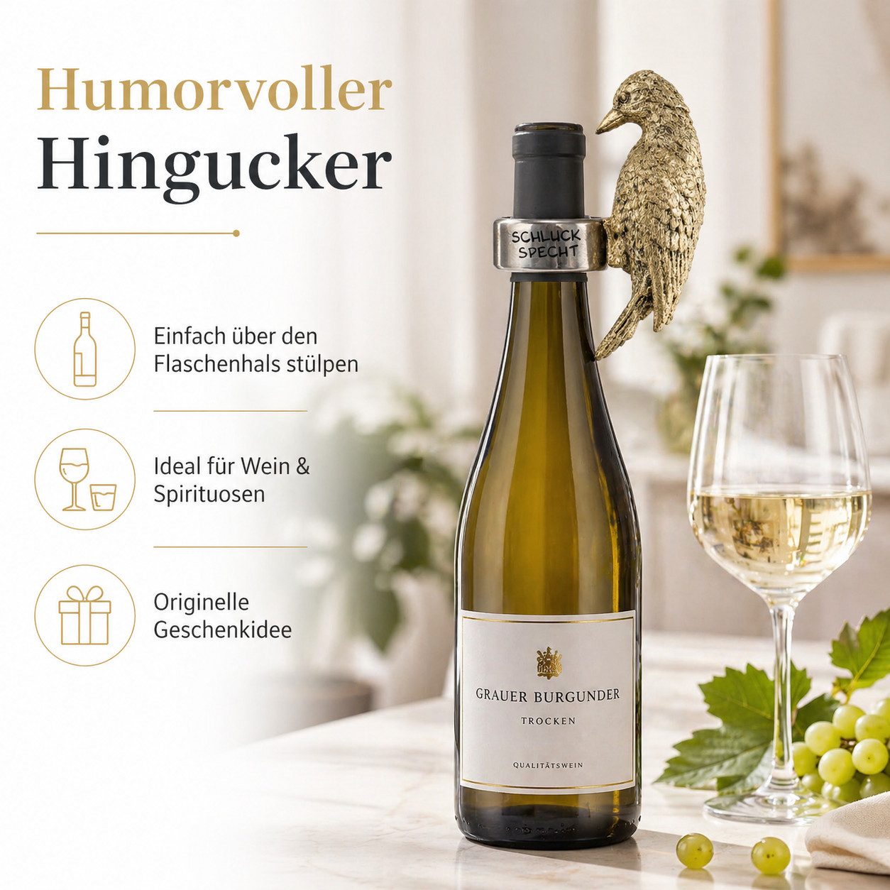 Gehlmann Flaschenverschluss Flaschenring Specht Gold - Schluckspecht