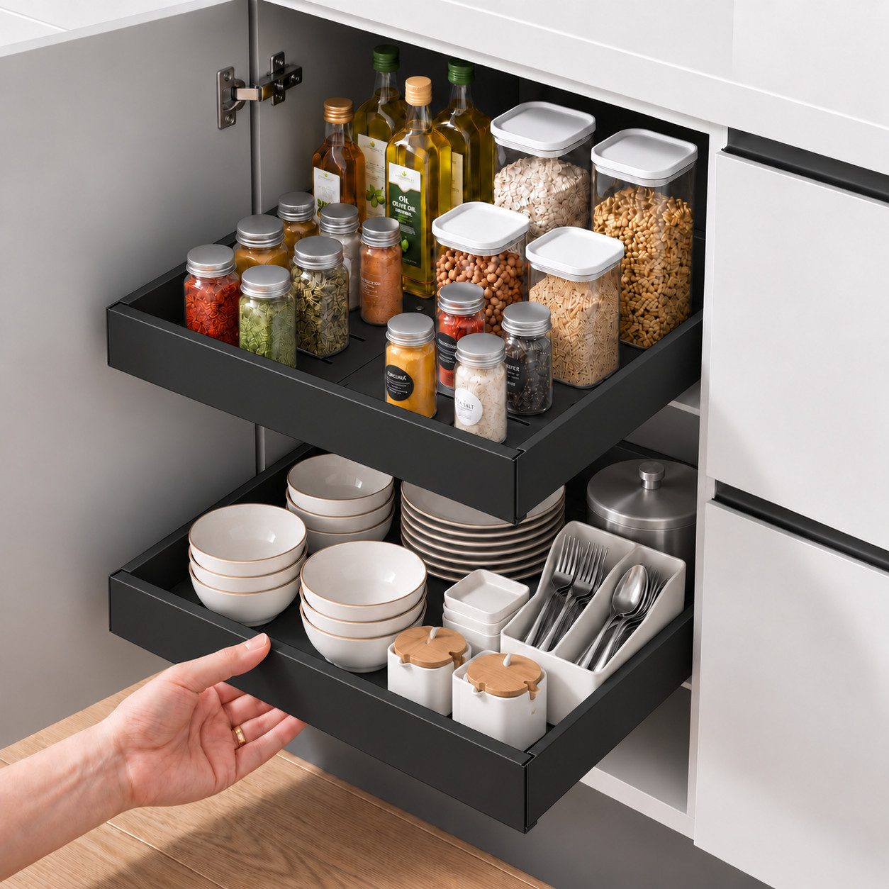 VIVREAL Küchenorganizer-Set Teleskopschublade küche 32–52 / 42–68 cm, ohne Bohren, Carbonstahl, (2-tlg), Flexibel ausziehbar, bis 15 kg belastbar, für Küche Speisekammer