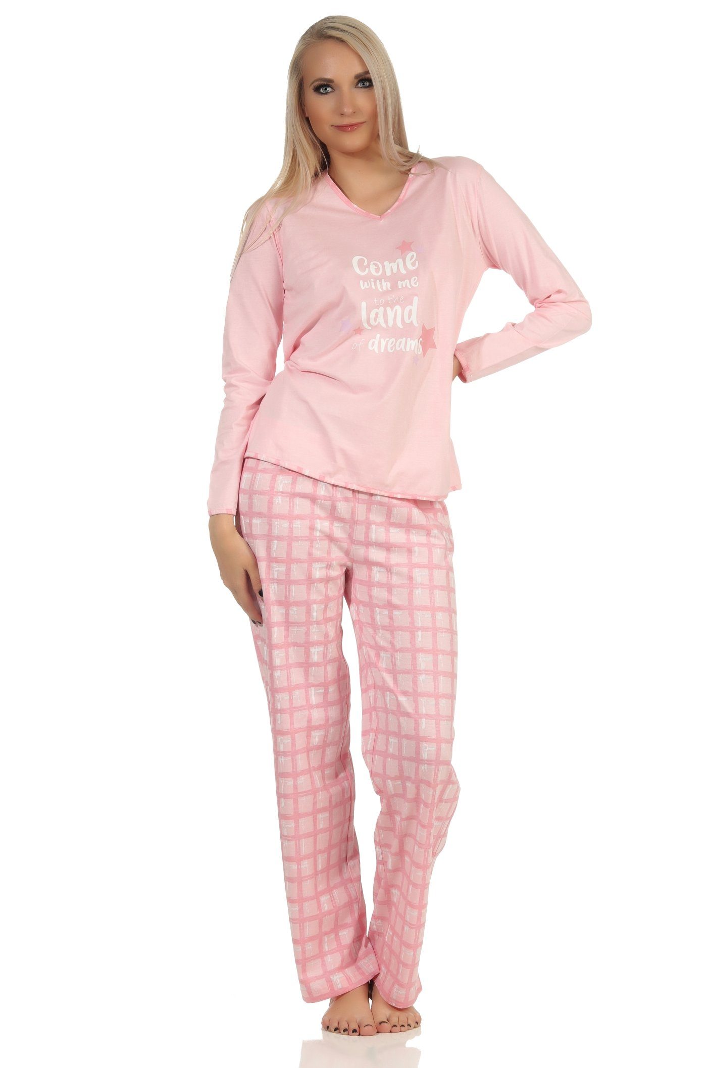 Normann Pyjama Damen Schlafanzug mit karierter Jersey Hose - auch in Übergrößen rosa