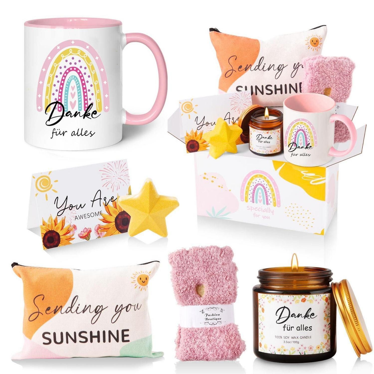 LuxusKollektion Geschenkbox Danke Tasse Set Geschenkbox mit Kerze und Socken