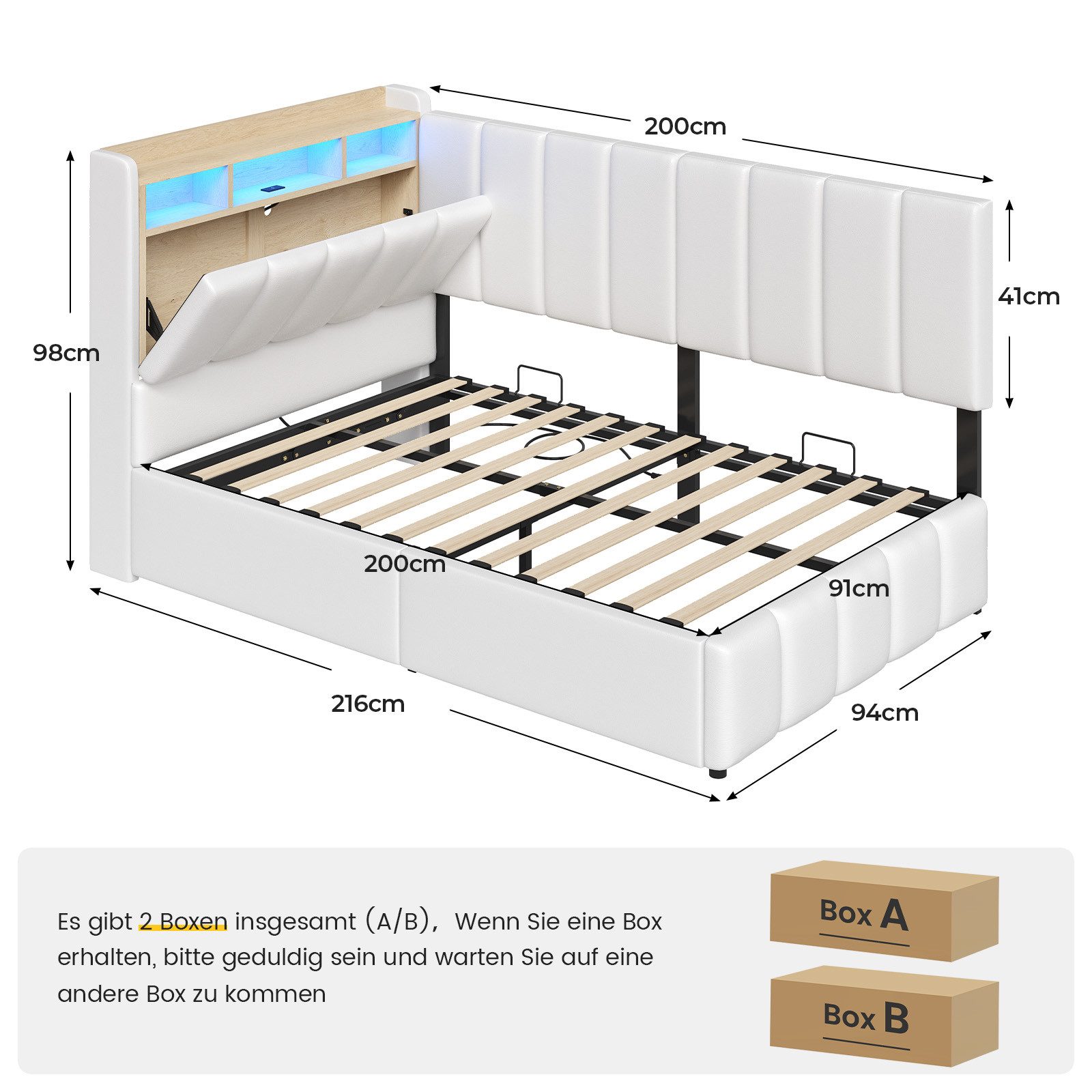 KIMENICH Jugendbett Polsterbett mit LED, Ladestation & Bettkas, Daybett, Schlafsofa (Ohne Matratze), Tagesbett für Schlaf- und Gästezimmer in 90 x 200 cm